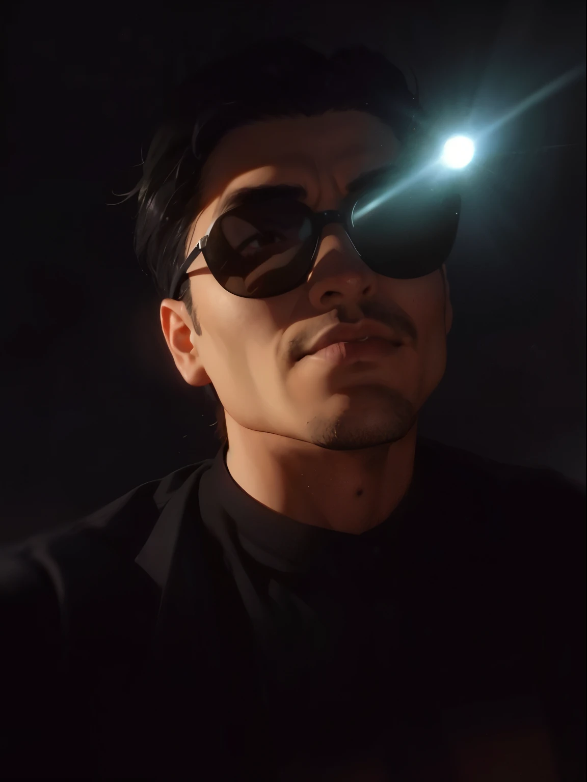 Hombre arafed con gafas de sol y una camisa negra con una luz en el rostro., con gafas de sol, con luz de fondo, Tiro a la cabeza de medio cuerpo, Usar sombras, frente a un fondo negro, con gafas de soles, Foto de perfil de la foto de cabeza, (((poca luz))), gafas oscuras, face is brightly lit, con un fondo negro oscuro, tonos oscuros, Cara perfectamente iluminada, hard lighting!