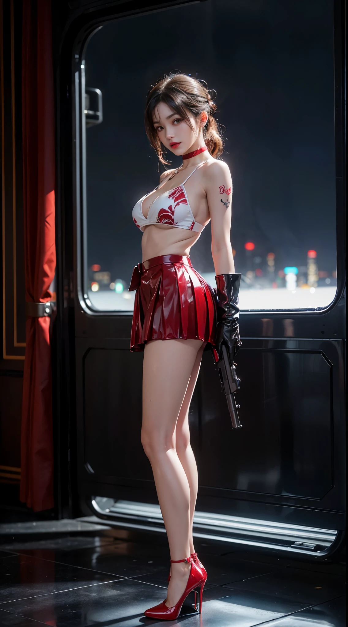 ((​masterpiece:1.4)、(top-quality:1.4)、(reallistic:1.7))、masuter piece:1.4、(Top-of-the-line rendering:1.4)、(Female SWAT member of the 73rd Division of the Space Federation:1.4)、Super beauty捜査官、(By Luis Royo:1.4)、(hold a gun:1.2)、Body Fit Sexy Uniform、(Glossy luxury latex:1.4)、(Navy blue sleeveless uniform jacket)、(Underwear White Sexy Super Ultra Bikini)、(Luxury Red Latex:1.4)、(Red pleated mini skirt:1.4)、22year old、(Cute tattoos:1.4)、(Wearing white gloves)、Kawaii Girl、Super beauty、foco nítido、Portrait photos、(Perfect female body:1.4)、perfectly proportions、Upper body photography:1.4、美丽的面容、Fearless look、beautidful eyes、Narrow waist、beauty legs、(length hair:1.2)、Beautiful udder、large full breasts:1.2、Sexy ass、(Standing facing the front:1.4)、Raw photo、red-lips、Red high heels:1.4、a choker:1.4、a necklace:1.4、耳环:1.4、1 screen display、Beautiful night view of Cyberpunk City:1.2