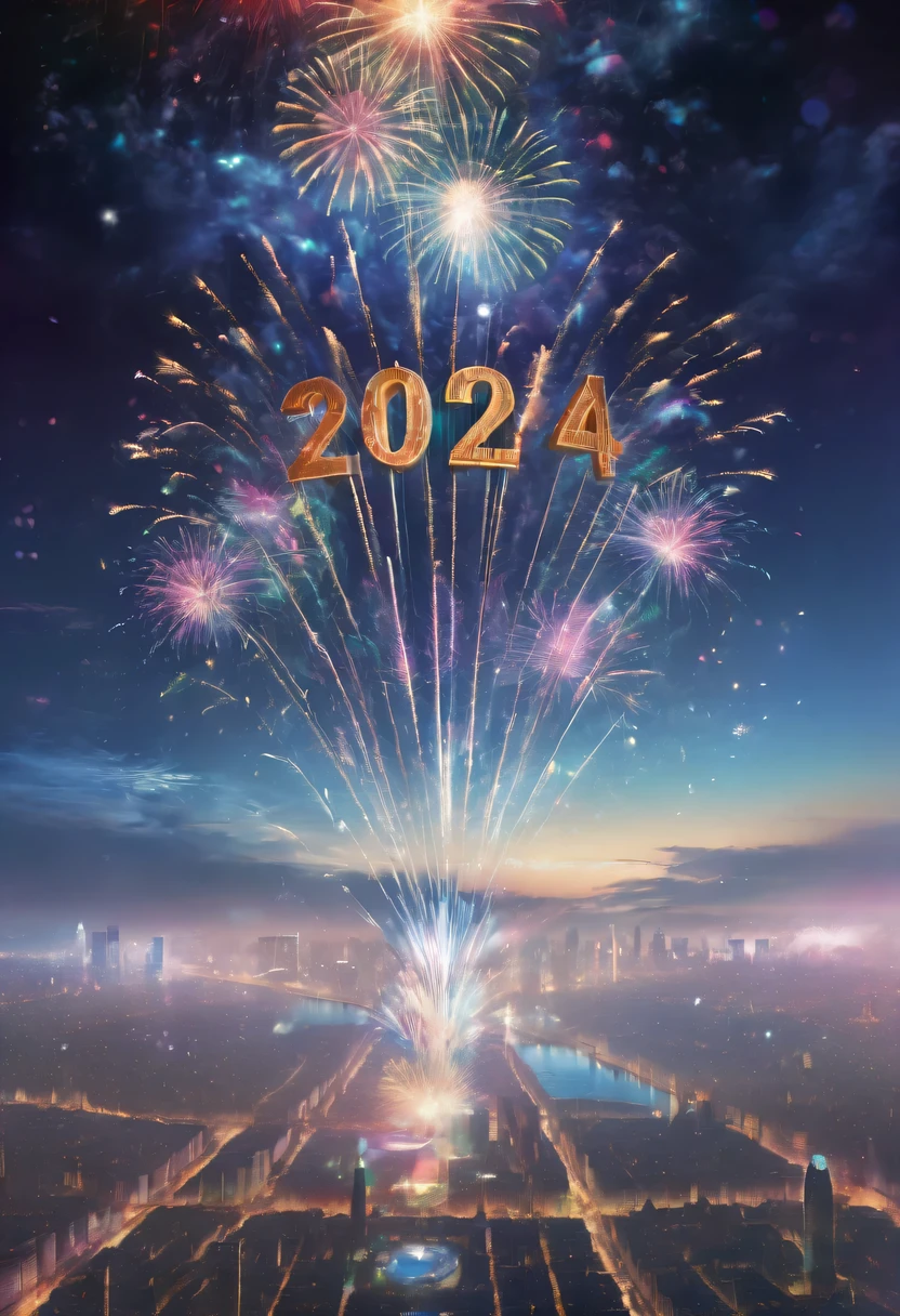 Dubrec style,Cybernetics appear in the sky.The prospect of fireworks on new year’s Eve 2024,Gorgeous fireworks,(Multiple exposure 1.8),(Digital signage,2024:1.5),technology city,artificial intelligence neuron,network matrix,new year&#39;Eve Visual Poster,Intricate poster in surreal art style,Surreal Dream new year Poster,Surreal Sci-fi new year&#39;dream poster