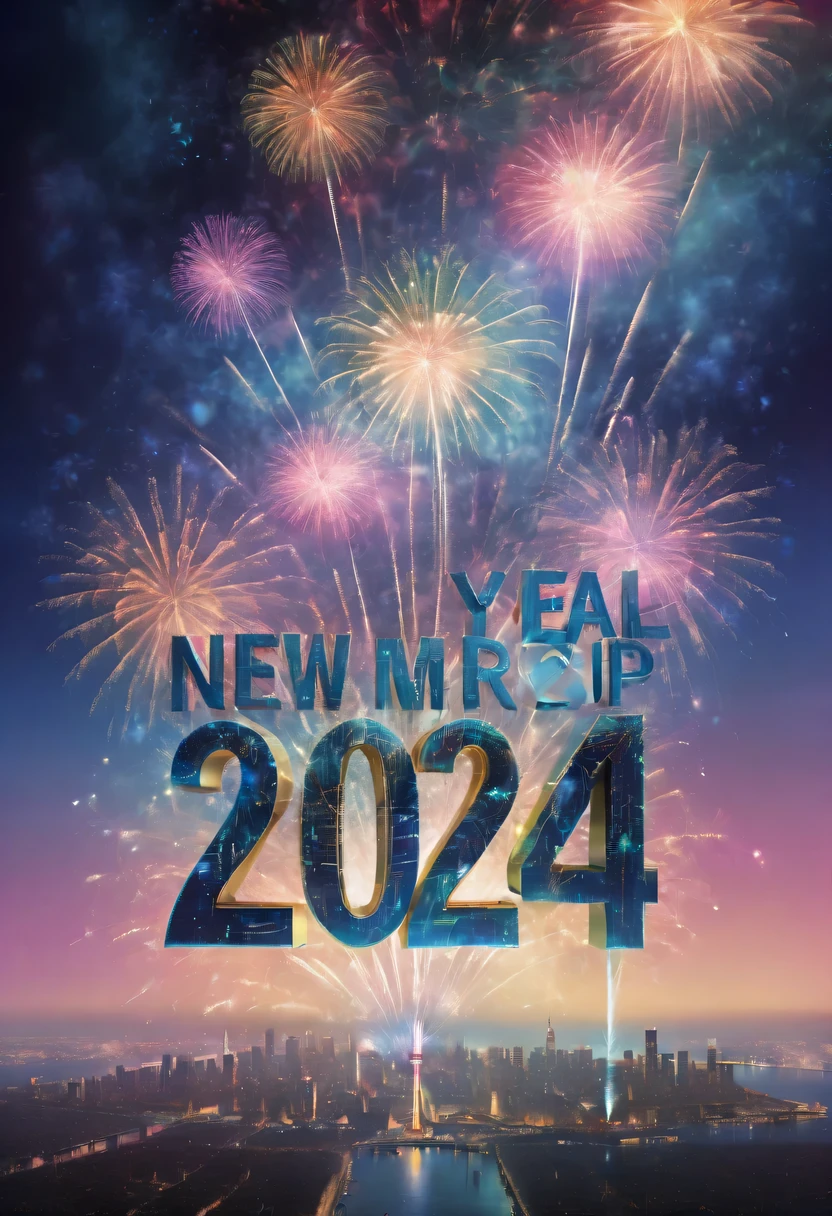 wide wide shot,Expansive night sky,Cybernetics appear in the sky.The prospect of fireworks on new year’s Eve 2024,Gorgeous fireworks,(Multiple exposure 1.8),(Digital signage,2024:1.5),technology city,artificial intelligence neuron,network matrix,new year'Eve Visual Poster,Intricate poster in surreal art style,Surreal Dream new year Poster,Surreal Sci-fi new year'dream poster