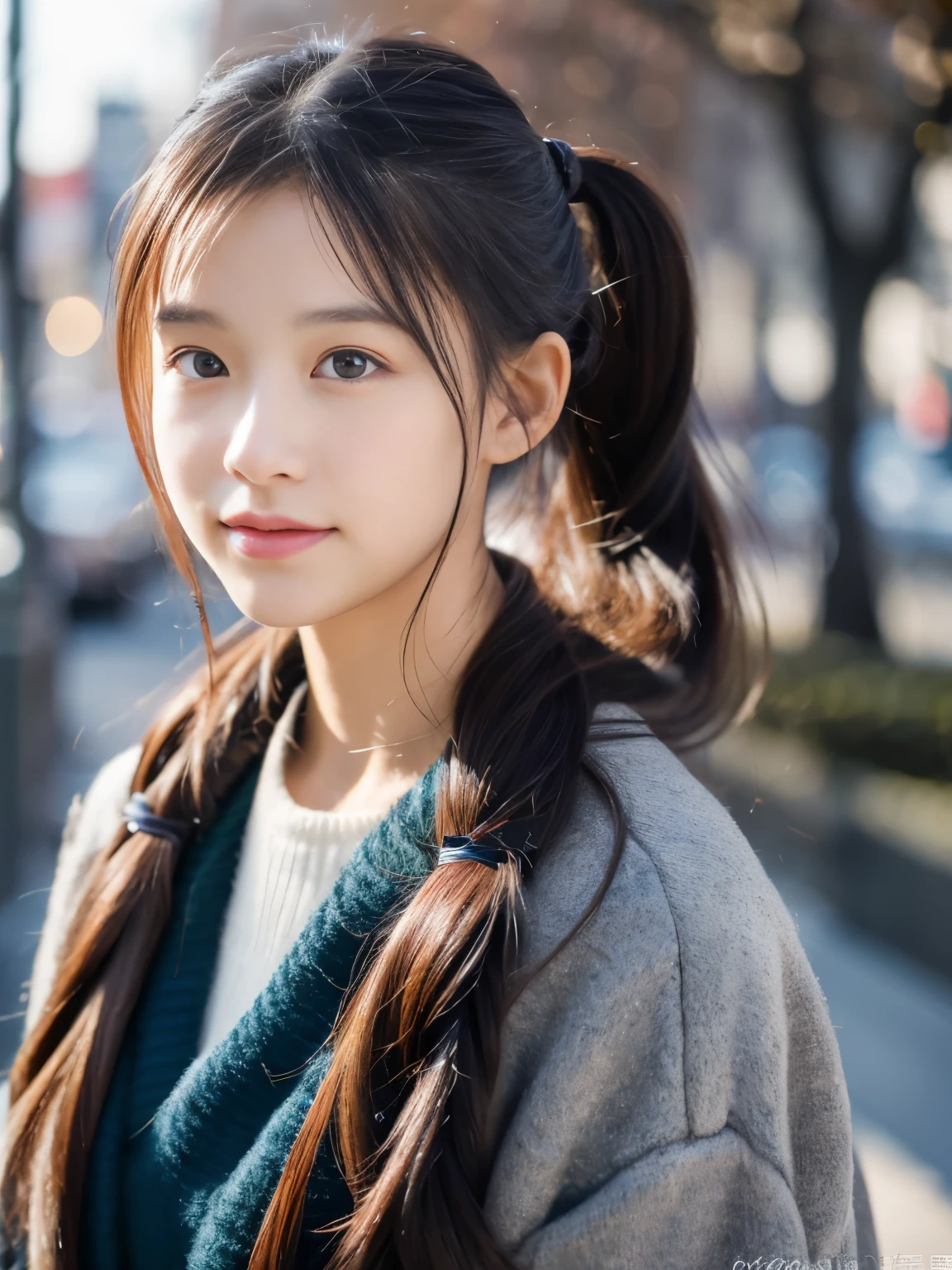 Photorealsitic, 8k full-length portraits, Beautuful Women, A charming expression, poneyTail, Clear department,  sixteen years old, TOKYOcty, Winters, Shibuya in the background