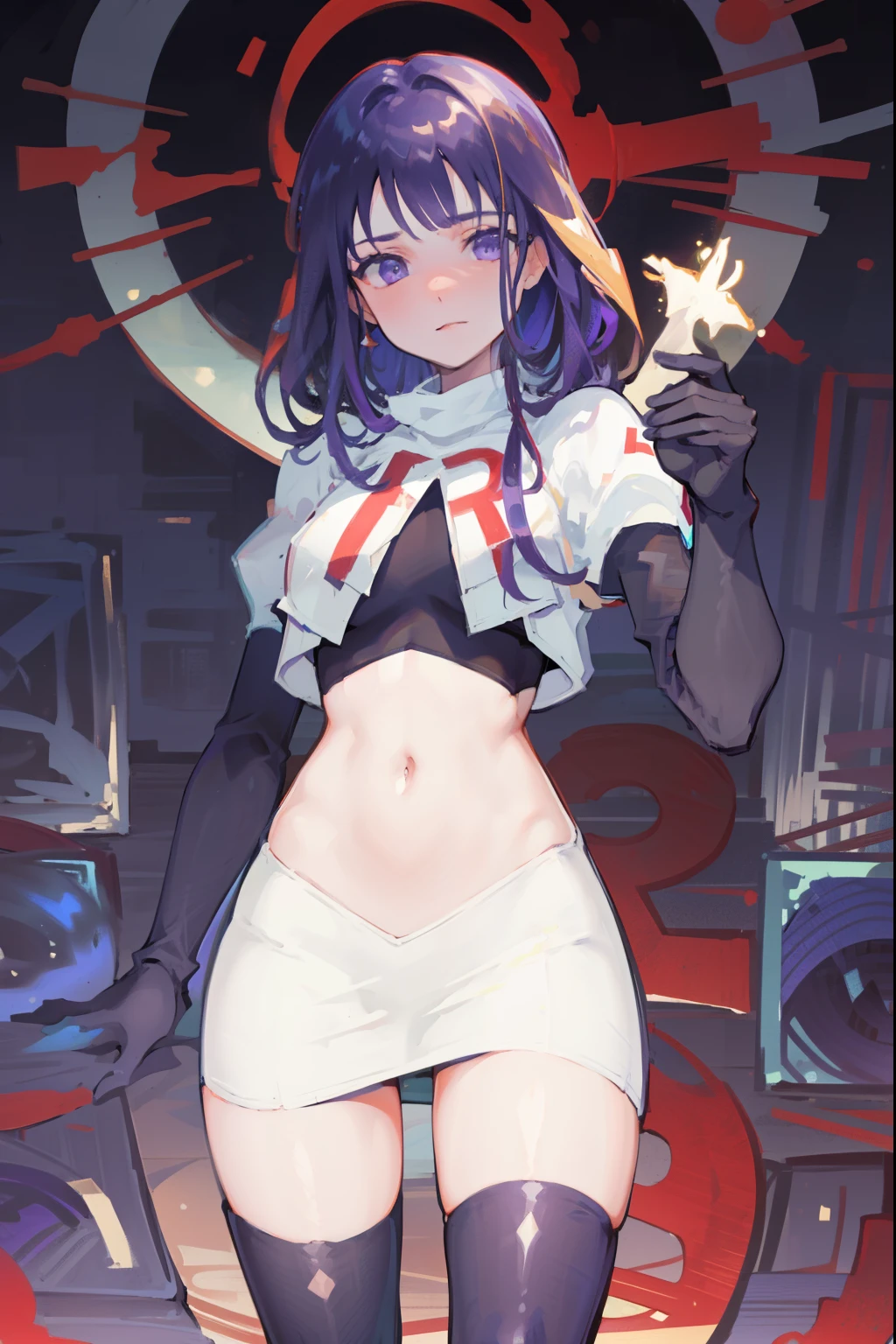 (Highest quality,Masterpiece,8k),((Pale skin)),1girll,Solo Woman,((Genshin_impact,Raiden general)), Sexy beautiful anime girl,Raiden general, Mole under eye, Long purple hair, hair ornaments, rosy lips,Anime mouth, A sexy mature woman,Detailed eyeusty figure, team rocket,team rocket uniform, red letter R, white skirt,white crop top,black thigh-highs,black elbow gloves,