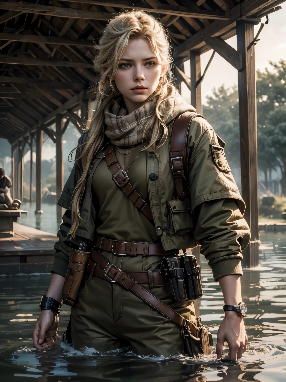 Photorealistic, dramatic lighting, close-up of Sorcha Groundsell, scruffy khaki poncho, keffiyeh, khaki trousers, equipment belt with gun holster and knife sheath, pale blue eyes, braided blonde hair, fierce expression, overgrown flooded town with bulrushes, at sunrise