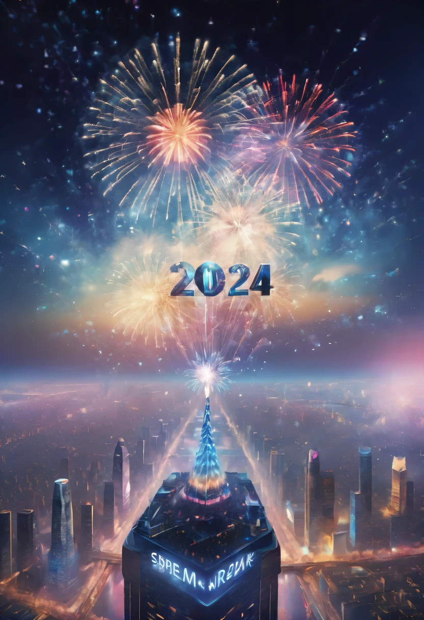 Dubrec style,Cybernetics appear in the sky.The prospect of fireworks on new year’s Eve 2024,Gorgeous fireworks,(Multiple exposure 1.8),(Digital signage,2024:1.5),technology city,artificial intelligence neuron,network matrix,new year&#39;Eve Visual Poster,Intricate poster in surreal art style,Surreal Dream new year Poster,Surreal Sci-fi new year&#39;dream poster