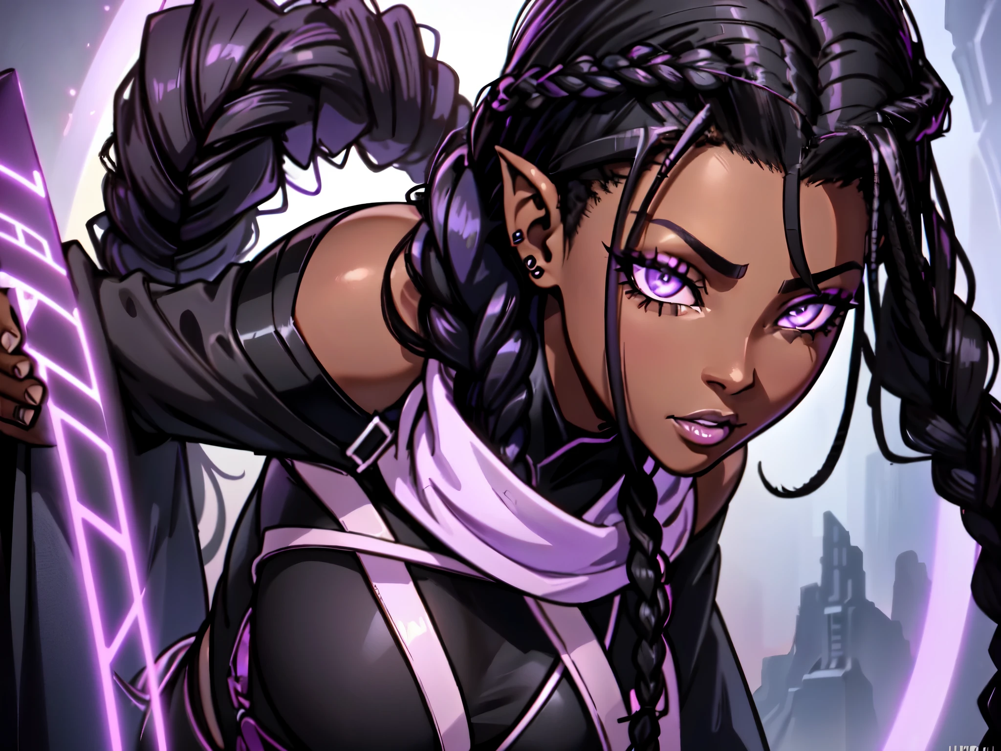 An (African-American) female, with long dark (black braids), purple eyes, dark (brown skin), (pointed ears), (slutty assassin), (sexy) black attire, (lust) demon, (Sci-fi) fantasy, (close-up shot), perfect composition, 4K, high quality, (perfect eyes), trending art, sharp focus, studio photo, NSFW, Bending over