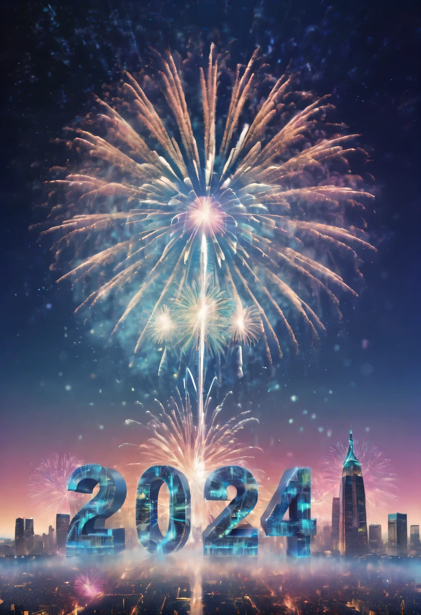 wide wide shot,Expansive night sky,Cybernetics appear in the sky.The prospect of fireworks on new year’s Eve 2024,Gorgeous fireworks,(Multiple exposure 1.8),(Digital signage,2024:1.5),technology city,artificial intelligence neuron,network matrix,new year'Eve Visual Poster,Intricate poster in surreal art style,Surreal Dream new year Poster,Surreal Sci-fi new year'dream poster