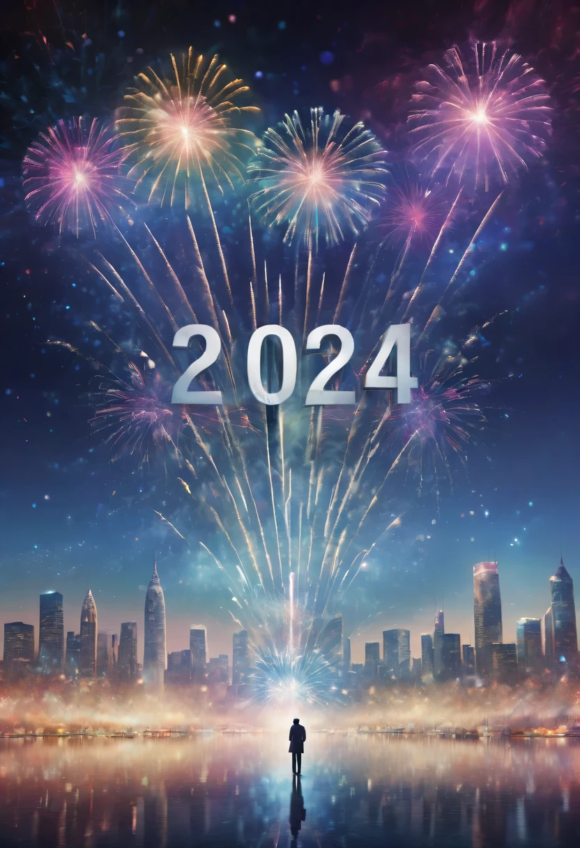Dubrec style,Cybernetics appear in the sky.The prospect of fireworks on new year’s Eve 2024,Gorgeous fireworks,(Multiple exposure 1.8),(Digital signage,2024:1.5),technology city,artificial intelligence neuron,network matrix,new year&#39;Eve Visual Poster,Intricate poster in surreal art style,Surreal Dream new year Poster,Surreal Sci-fi new year&#39;dream poster