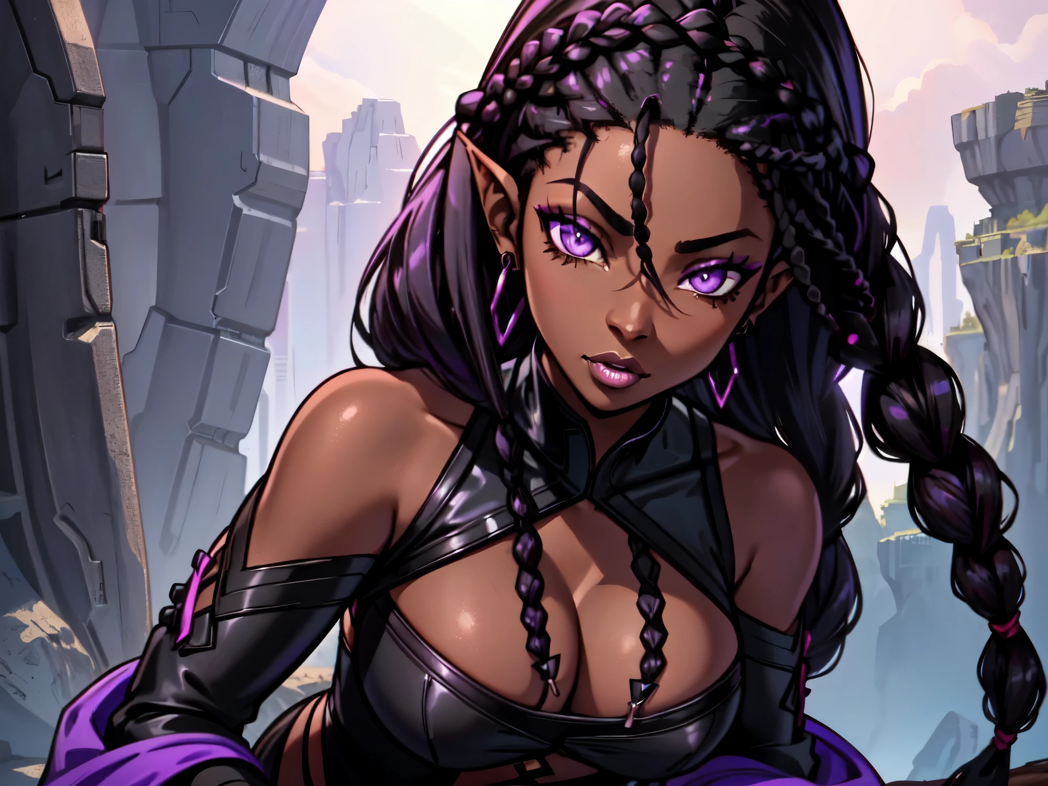 An (African-American) female, with long dark (black braids), purple eyes, dark (brown skin), (pointed ears), (slutty assassin), (sexy) black attire, (lust) demon, (Sci-fi) fantasy, (close-up shot), perfect composition, 4K, high quality, (perfect eyes), trending art, sharp focus, studio photo, NSFW, Bending over