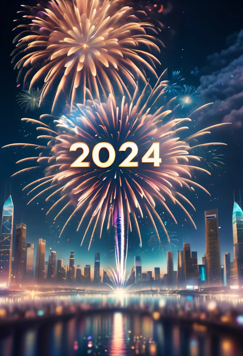 wide wide shot，Expansive night sky，Cybernetics appear in the sky.The prospect of fireworks on new year’s Eve 2024,Gorgeous fireworks,(Multiple exposure 1.8),(Digital signage,2024:1.5),technology city,artificial intelligence neuron,network matrix,new year&#39;Eve Visual Poster,Intricate poster in surreal art style,Surreal Dream new year Poster,Surreal Sci-fi new year&#39;dream poster