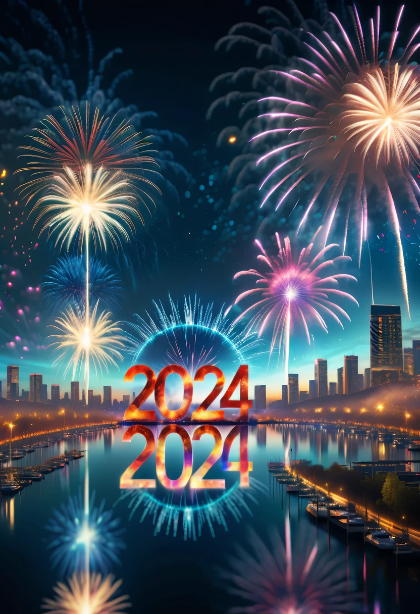 wide wide shot，Expansive night sky，Cybernetics appear in the sky.The prospect of fireworks on new year’s Eve 2024,Gorgeous fireworks,(Multiple exposure 1.8),(Digital signage,2024:1.5),technology city,artificial intelligence neuron,network matrix,new year&#39;Eve Visual Poster,Intricate poster in surreal art style,Surreal Dream new year Poster,Surreal Sci-fi new year&#39;dream poster