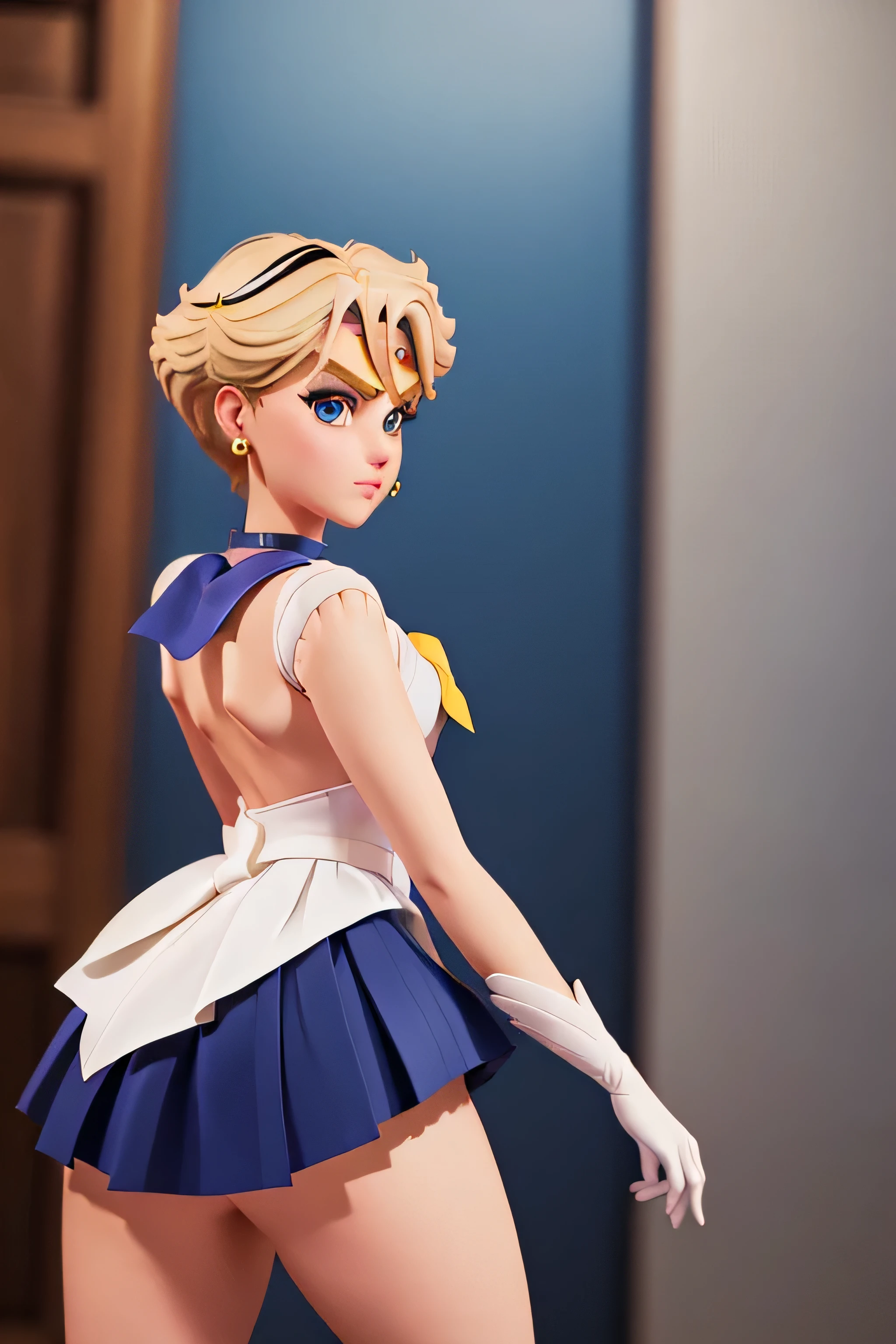 (La mejor calidad:1.1), (Obra maestra:1.4), (absurdos:1.0), retrato, primer plano,1girl, Marinero Urano, KizukiAi, Mujer madura, small breasts, aqua eyes, cabello rubio, Uniforme Sailor Senshi, Collar de marinero, arco de pecho, Arco trasero, Falda suplicante, Guantes blancos de codo, big booty, Ultra minifalda , jewely, Pendientes,, en postura de espalda, Show off your loot, Backwards, no thong big booty, Ultra minifalda ( Postura de la espalda, Backwards, Show off your loot)