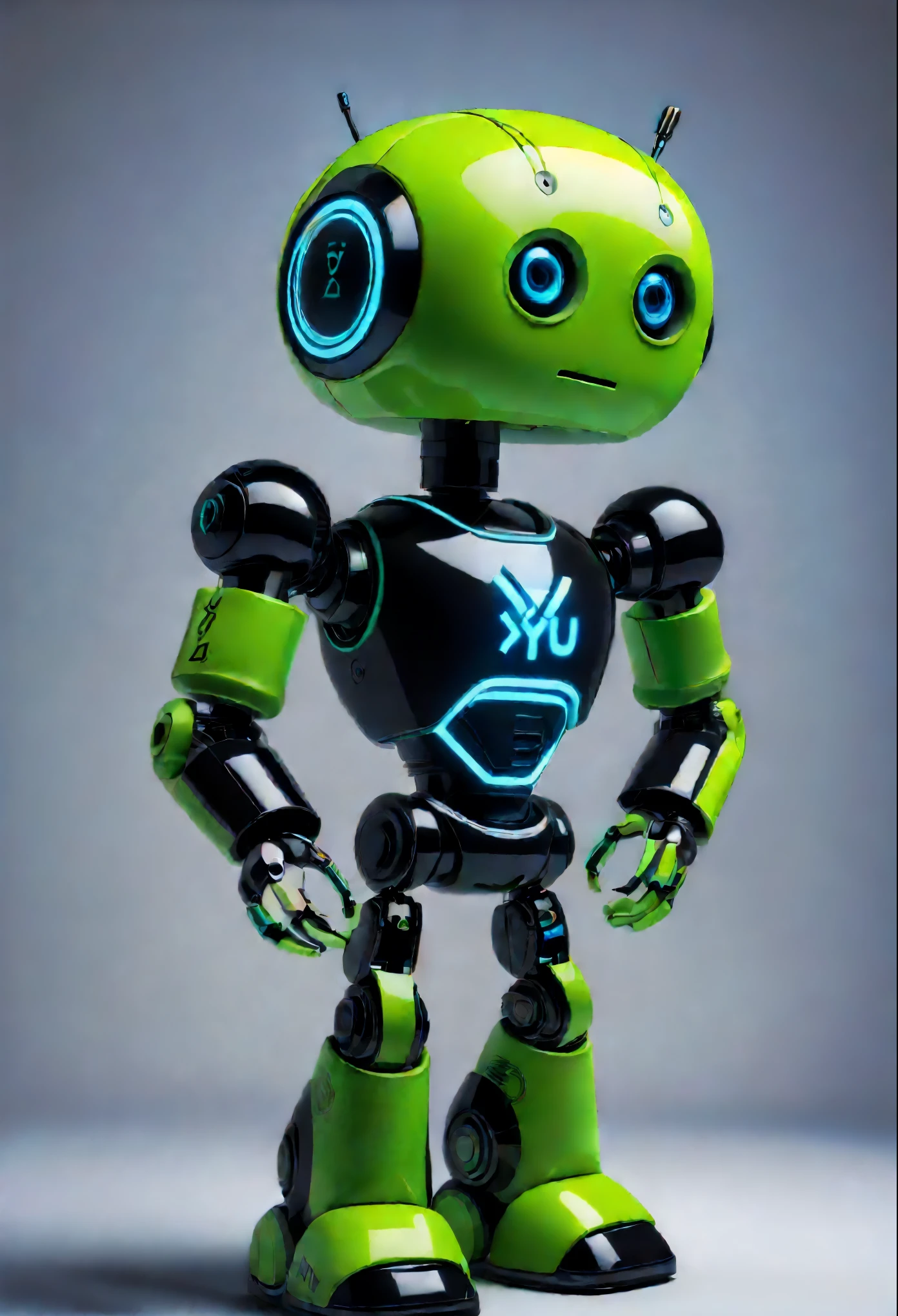 Robot with logo "XYU", text neon "XYU"     "xyu", hi-tech, servant, android, droid, robot