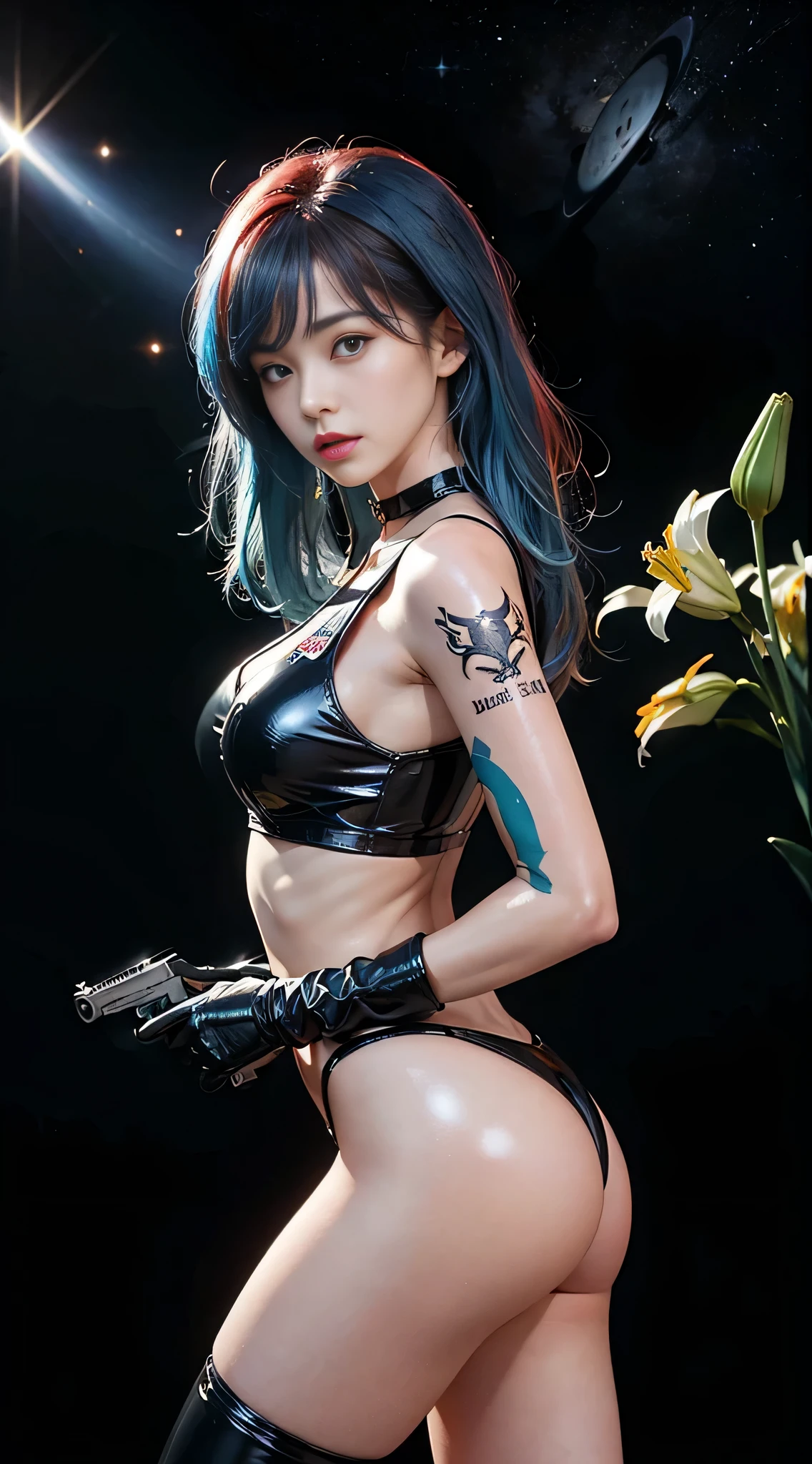 ((masterpiece:1.4)、(top-quality:1.4)、(reallistic:1.7))、masuter piece:1.4、Beautiful Girl Dirty Pair、(Beautiful Girl Space Investigator Nasty Pair:1.4)、Kei and Yuri space investigator duo、two investigators, Kei and Yuri stand side by side...、(By Luis Royo:1.4)、(hold a gun:1.2)、Body Fit Sexy Investigator Duo Uniform、(Glossy luxury latex:1.4)、(White Sleeveless Uniform Jacket)、(Underwear Red Sexy Super Ultra Bikini)、(Luxury Red Latex:1.4)、age19、(Cute tattoos:1.4)、(Wearing white gloves)、(Two cute girls:1.4)、Super beauty、foco nítido、Portrait photos、(Perfect female body:1.4)、perfectly proportions、Sexy couple、Upper body photography:1.4、美丽的面容、(Beautiful skins:1.4)、beautidful eyes、Narrow waist、beauty legs、(Kei has red hair:1.4)、(Lilies have blue hair:1.4)、(length hair:1.2)、Beautiful udder、large full breasts:1.2、Sexy ass、Raw photo、red-lips、Red high heels:1.4、a choker:1.4、a necklace:1.4、耳环:1.4、1 screen display、cyberpunkcity:1.2