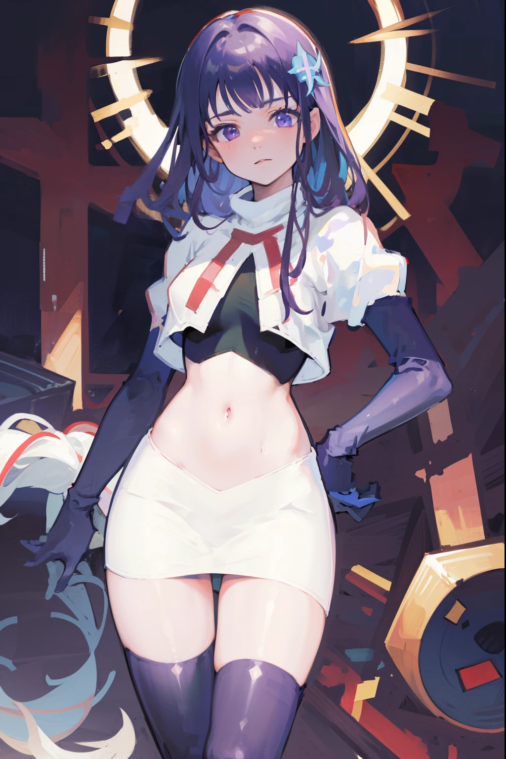 (Highest quality,Masterpiece,8k),((Pale skin)),1girll,Solo Woman,((Genshin_impact,Raiden general)), Sexy beautiful anime girl,Raiden general, Mole under eye, Long purple hair, hair ornaments, rosy lips,Anime mouth, A sexy mature woman,Detailed eyeusty figure, team rocket,team rocket uniform, red letter R, white skirt,white crop top,black thigh-highs,black elbow gloves,