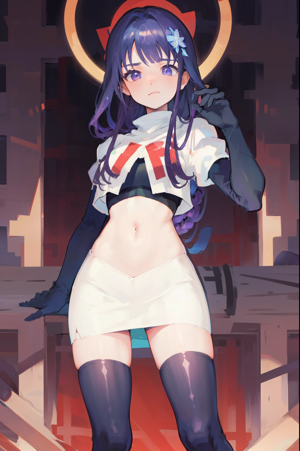 (Highest quality，Masterpiece，8k)，((Pale skin))，1girll，Solo Woman，((Genshin_impact，Raiden general)), Sexy beautiful anime girl，Raiden general, Mole under eye, Long purple hair, hair ornaments, rosy lips，Anime mouth, A sexy mature woman，Detailed eyeusty figure, team rocket,team rocket uniform, red letter R, white skirt,white crop top,black thigh-highs,black elbow gloves,