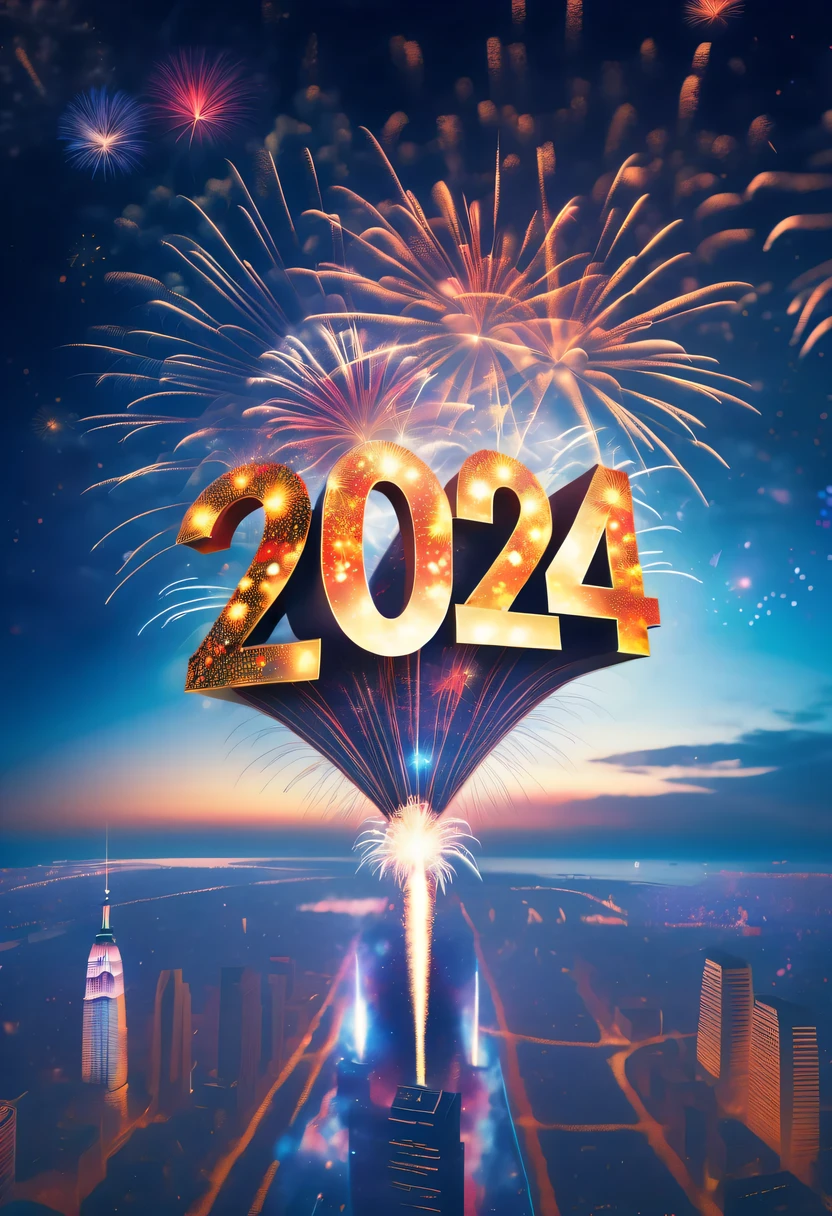 Dubrec style,Cybernetics appear in the sky.The prospect of fireworks on new year’s Eve 2024,Gorgeous fireworks,(Multiple exposure 1.8),(Digital signage,2024:1.5),technology city,artificial intelligence neuron,network matrix,new year&#39;Eve Visual Poster,Intricate poster in surreal art style,Surreal Dream new year Poster,Surreal Sci-fi new year&#39;dream poster
