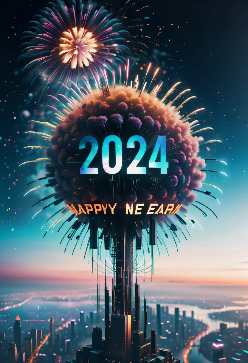 Dubrec style,Cybernetics appear in the sky.The prospect of fireworks on new year’s Eve 2024,Gorgeous fireworks,(Multiple exposure 1.8),(Digital signage,2024:1.5),technology city,artificial intelligence neuron,network matrix,new year&#39;Eve Visual Poster,Intricate poster in surreal art style,Surreal Dream new year Poster,Surreal Sci-fi new year&#39;dream poster