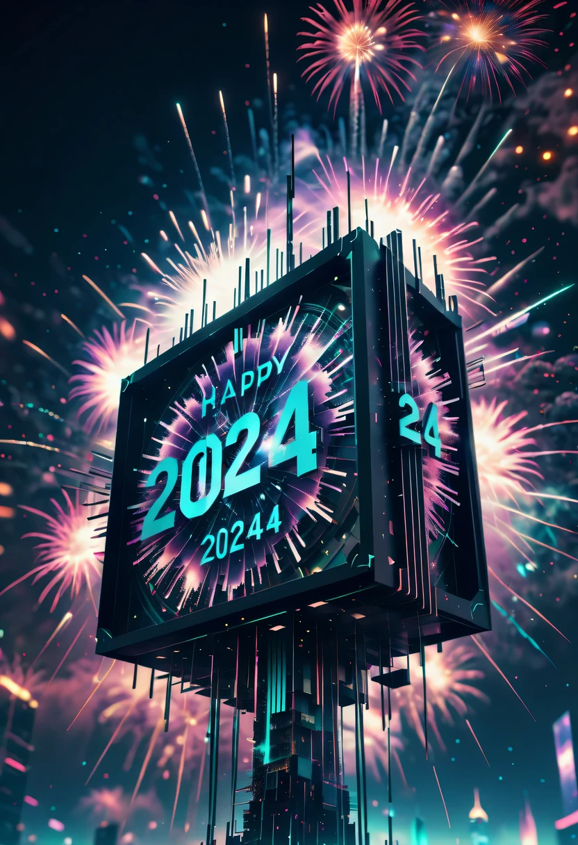 Dubrec style,Cybernetic clock appears in the sky.The prospect of fireworks on new year’s Eve 2024,Gorgeous fireworks,(Multiple exposure 1.8),(Digital signage,2024:1.5),technology city,artificial intelligence neuron,network matrix,new year&#39;Eve Visual Poster,Intricate poster in surreal art style,Surreal Dream new year Poster,Surreal Sci-fi new year&#39;dream poster
