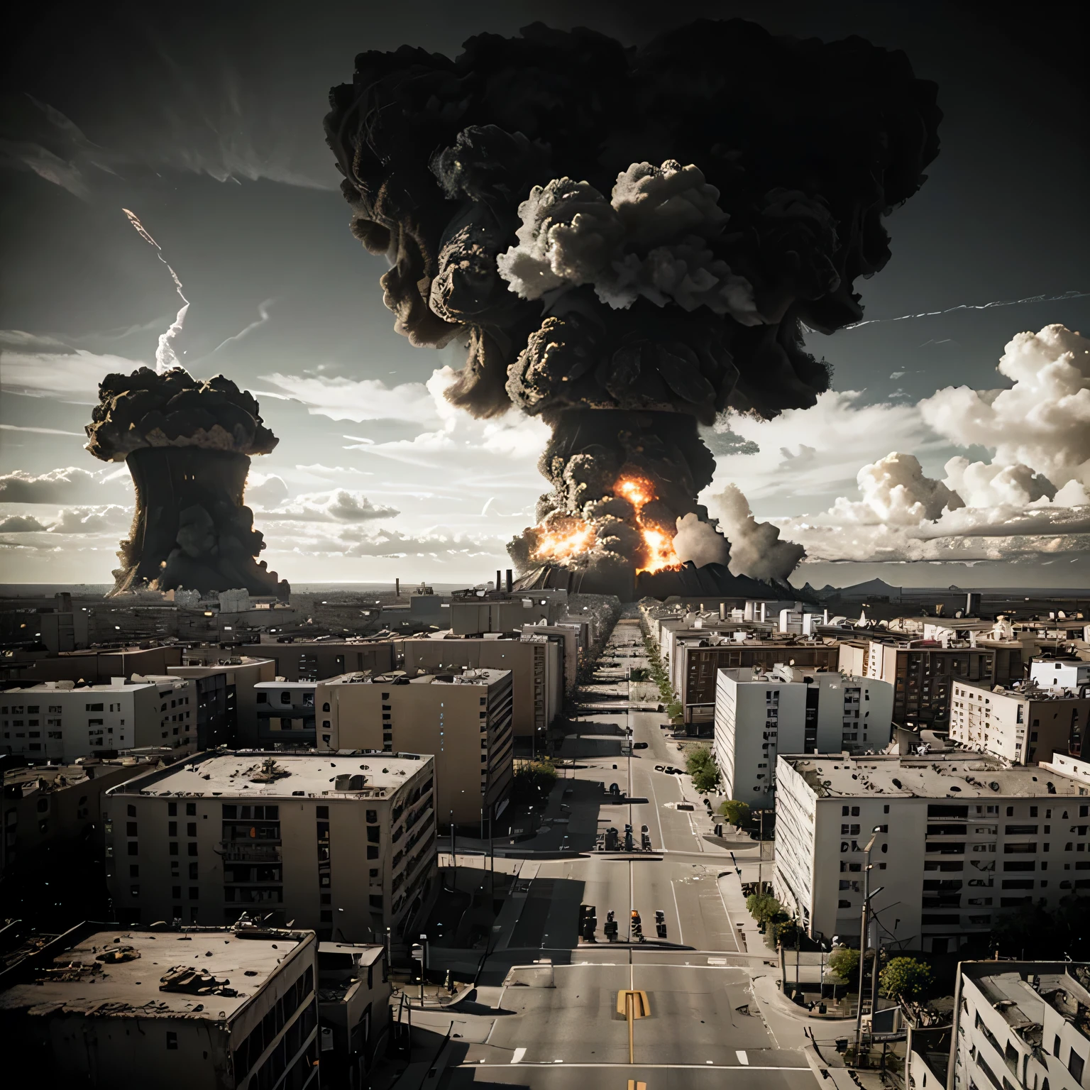 A city destroyed by the explosion of a nuclear bomb, fotorrealista.