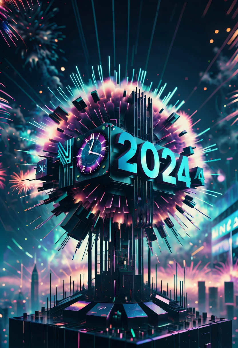 Dubrec style,Cybernetic clock appears in the sky.The prospect of fireworks on new year’s Eve 2024,Gorgeous fireworks,(Multiple exposure 1.8),(Digital signage,2024:1.5),technology city,artificial intelligence neuron,network matrix,new year&#39;Eve Visual Poster,Intricate poster in surreal art style,Surreal Dream new year Poster,Surreal Sci-fi new year&#39;dream poster