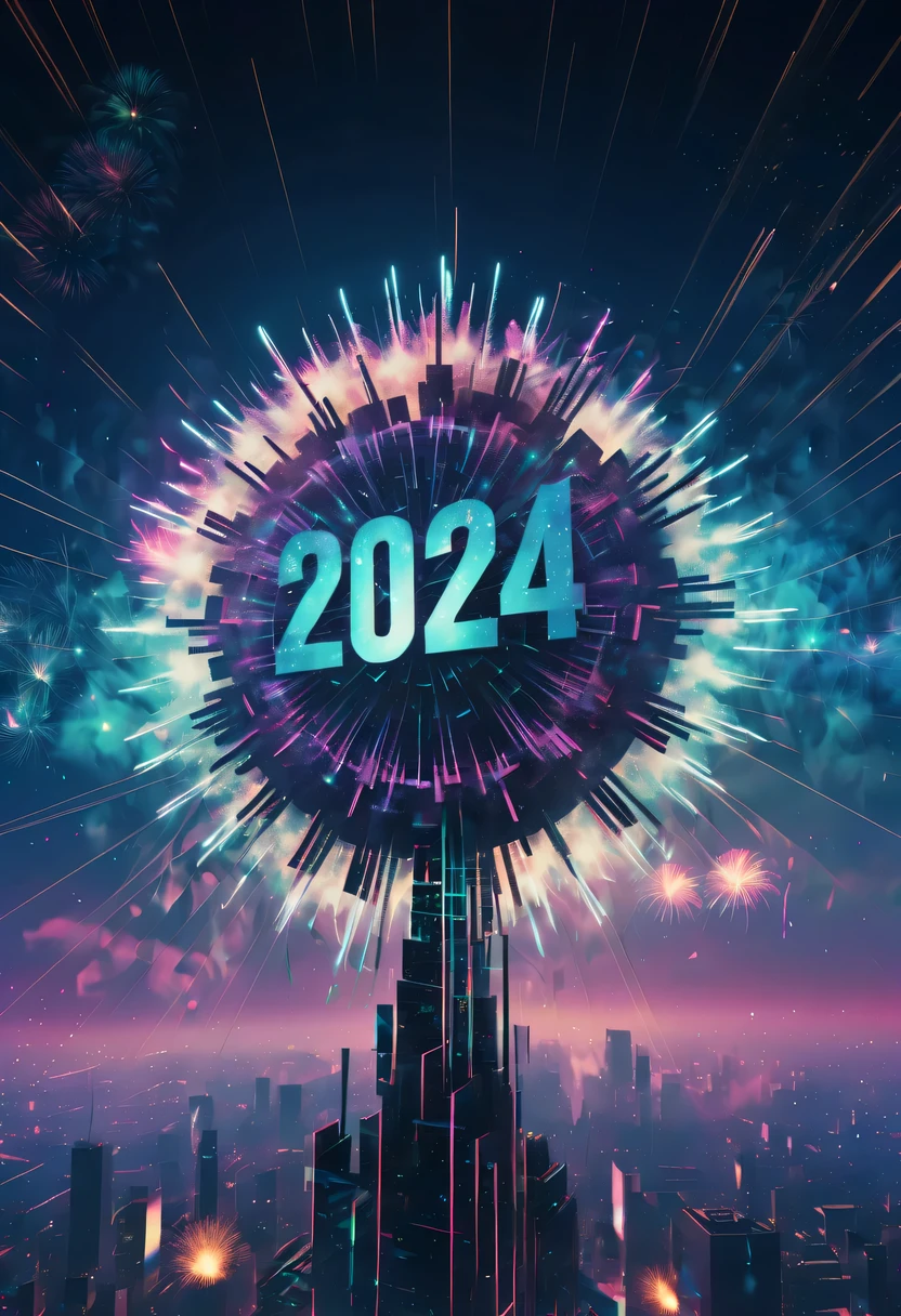 Dubrec style,Cybernetic clock appears in the sky.The prospect of fireworks on new year’s Eve 2024,Gorgeous fireworks,(Multiple exposure 1.8),(Digital signage,2024:1.5),technology city,artificial intelligence neuron,network matrix,new year'Eve Visual Poster,Intricate poster in surreal art style,Surreal Dream new year Poster,Surreal Sci-fi new year'dream poster