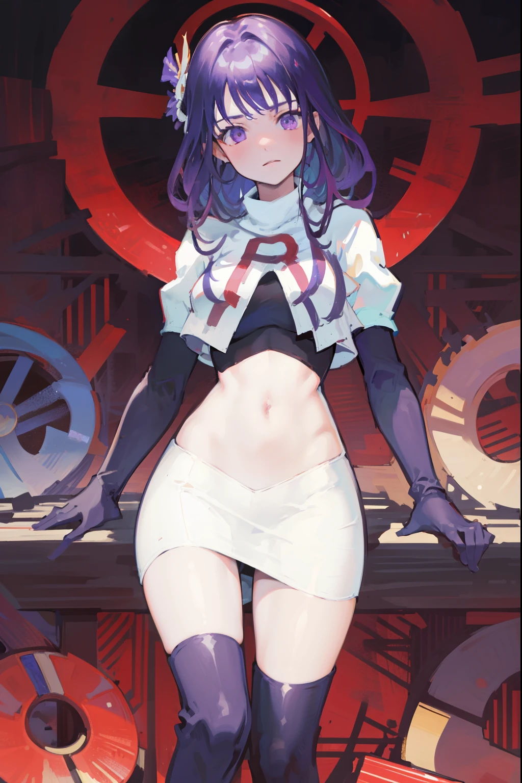 (Highest quality,Masterpiece,8k),((Pale skin)),1girll,Solo Woman,((Genshin_impact,Raiden general)), Sexy beautiful anime girl,Raiden general, Mole under eye, Long purple hair, hair ornaments, rosy lips,Anime mouth, A sexy mature woman,Detailed eyeusty figure, team rocket,team rocket uniform, red letter R, white skirt,white crop top,black thigh-highs,black elbow gloves,