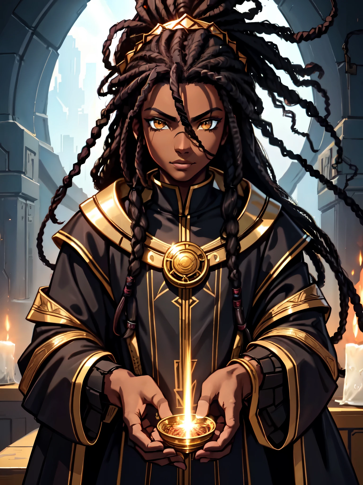 An (African-American) boy, with dark (black dreadlocks), dark (brown skin), golden eyes, demonic (prince), (young) assassin, (black) assassin garb, holy (half-demon), (Anti-hero), (Mage) assassin, (Sci-fi) fantasy, (close-up shot), perfect composition, hyper-detailed, 8K, high quality, (perfect eyes), sharp focus, studio photo, intricate details, (action) pose