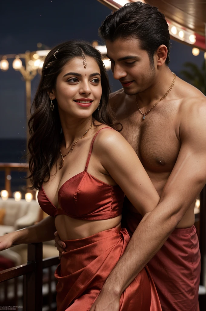 night scene from side view, extreme close up photo of young muscular man grabbing vedhika from behind who is wearing a reddish pink satin bridal nighty, big cheeks, woman is wearing reddish pink satin nighty man is shirtless, hourglass figure, deep cleavage, romancing each other in a ship deck in sea, showing armpits, red lips, necklace, sultry, look at viewer and smile, (cinematic:1.3), intricate details, (ArtStation:1.2)