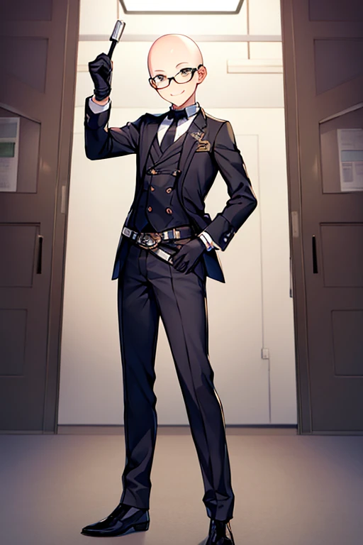 1boy, bald, glasses, jacket, gloves, belt, black pants, pants, smile, full-body, ((full body)), standing, laboratory, white clothes