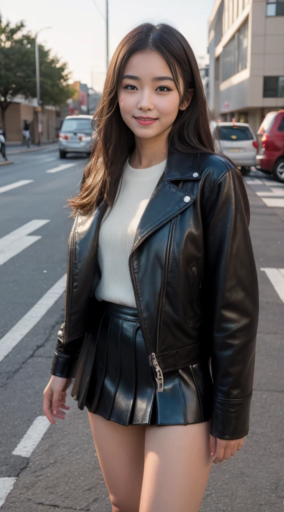 photo Realistic, masterpiece, Realistic, High contrast, hyper Detailed, Best Quality, 超A high resolution, photo Realistic, High resolution, Detailed, Raw photo, Japanese Girl, Long hair, Black leather jacket, Long sleeves, Black micro mini skirt, Pleated skirt, black long boots, (((full shot))), Street, Looking at Viewer, Busy city, Looking at Viewer, japanese girl, Smile,
