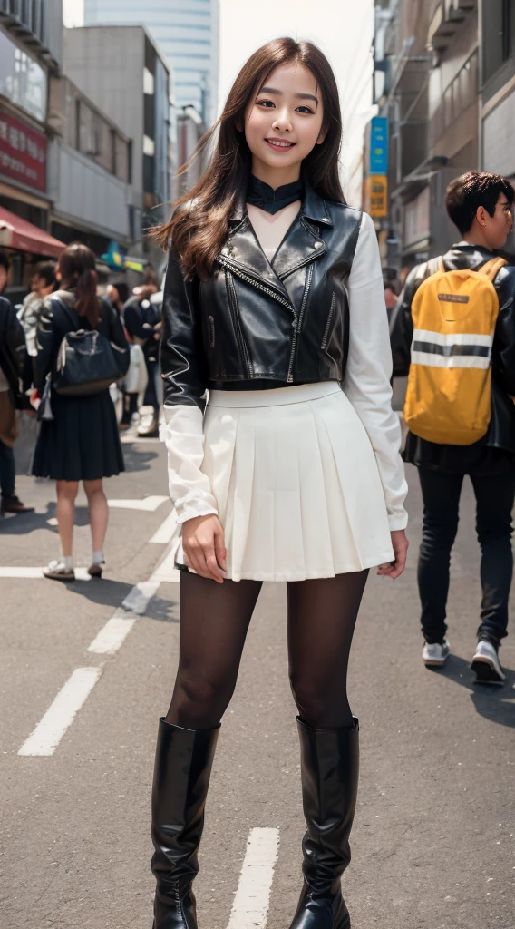 photo Realistic, masterpiece, Realistic, High contrast, hyper Detailed, Best Quality, 超A high resolution, photo Realistic, High resolution, Detailed, Raw photo, Japanese Junior High School Girl, Long hair, Black leather jacket, Long sleeves, Black micro mini skirt, Pleated skirt, black long boots, (((full shot))), Street, Looking at Viewer, Busy city, Looking at Viewer, japanese girl, Smile,