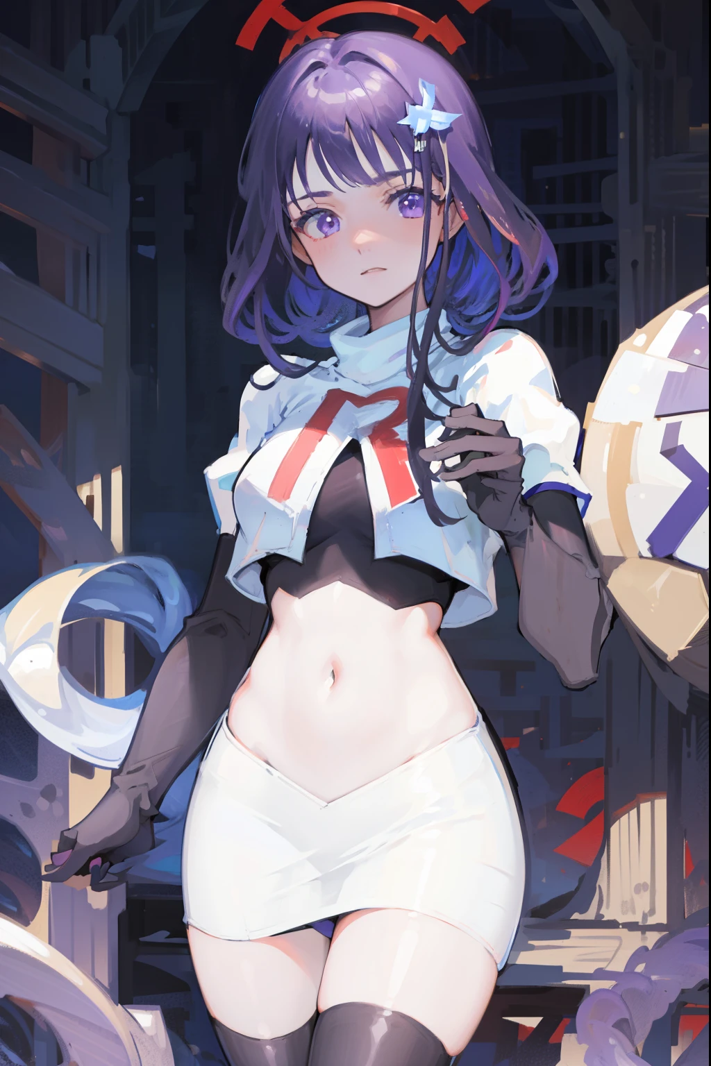 (Highest quality,Masterpiece,8k),((Pale skin)),1girll,Solo Woman,((Genshin_impact,Raiden general)), Sexy beautiful anime girl,Raiden general, Mole under eye, Long purple hair, hair ornaments, rosy lips,Anime mouth, A sexy mature woman,Detailed eyeusty figure, team rocket,team rocket uniform, red letter R, white skirt,white crop top,black thigh-highs,black elbow gloves,