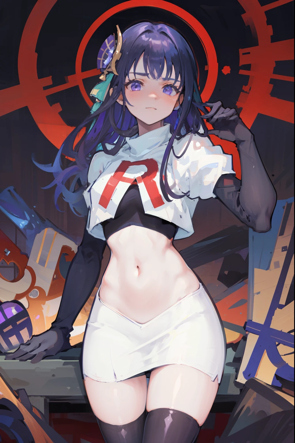 (Highest quality,Masterpiece,8k),((Pale skin)),1girll,Solo Woman,((Genshin_impact,Raiden general)), Sexy beautiful anime girl,Raiden general, Mole under eye, Long purple hair, hair ornaments, rosy lips,Anime mouth, A sexy mature woman,Detailed eyeusty figure, team rocket,team rocket uniform, red letter R, white skirt,white crop top,black thigh-highs,black elbow gloves,
