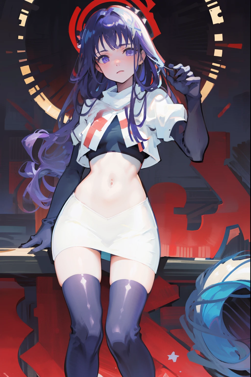 (Highest quality,Masterpiece,8k),((Pale skin)),1girll,Solo Woman,((Genshin_impact,Raiden general)), Sexy beautiful anime girl,Raiden general, Mole under eye, Long purple hair, hair ornaments, rosy lips,Anime mouth, A sexy mature woman,Detailed eyeusty figure, team rocket,team rocket uniform, red letter R, white skirt,white crop top,black thigh-highs,black elbow gloves,