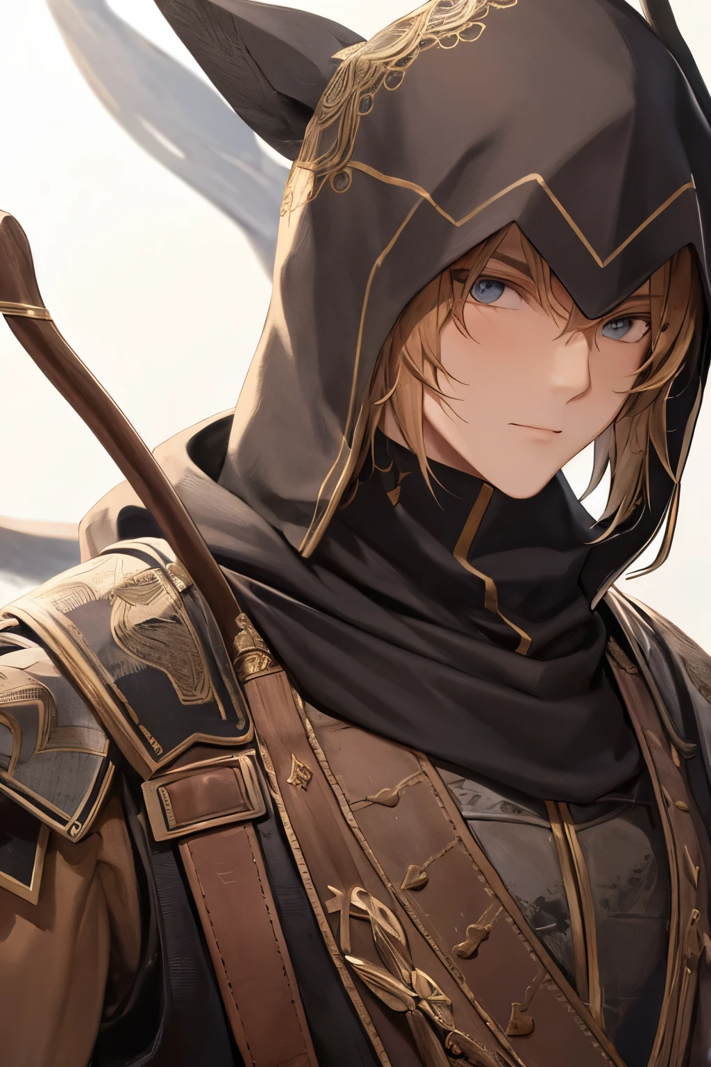 À portrait of a mysterious male archer, European, bow, leather armor, woods
close up, hood
black armor