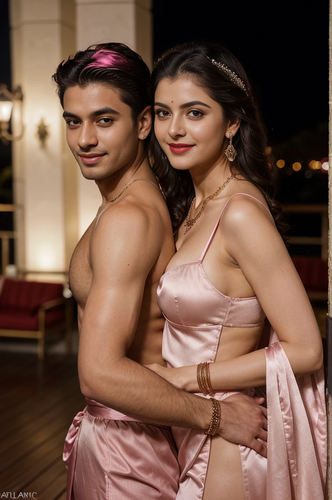 night scene from side view, extreme close up photo of young muscular man grabbing vedhika from behind who is wearing a pink full length satin bridal nighty, big cheeks, woman is wearing pink satin nighty man is shirtless, hourglass figure, deep cleavage, romancing each other in a ship deck in sea, showing armpits, red lips, necklace, sultry, look at viewer and smile, (cinematic:1.3), intricate details, (ArtStation:1.2)
