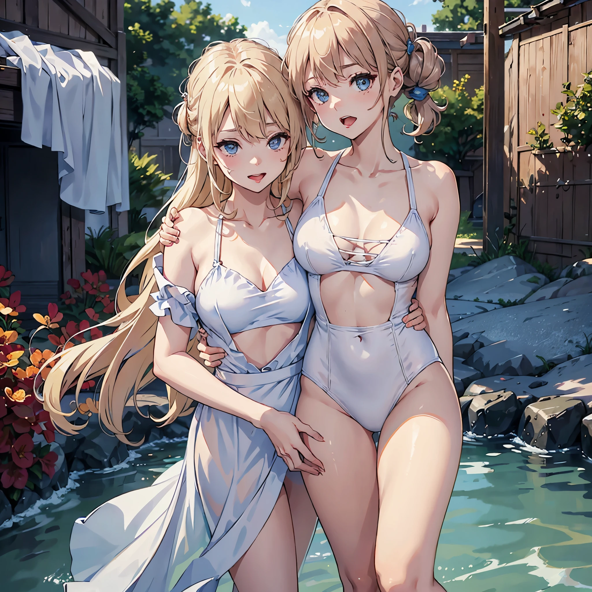 The sea in summer, , White transparent slingshot swimsuit, Handsome man hugging her from behind, talking in her ear, lifting her, 40k, photore, tmasterpiece, quality, (1 The girl's blue eyes and blond hair instantly curled and), An old man leaned on her from behind and picked her up, opens his eyes wide, Stick out her tongue,-tongue, Crazy, with her mouth open, screeming, ahe-face, dyspnea, Be red in the face, perspiring,