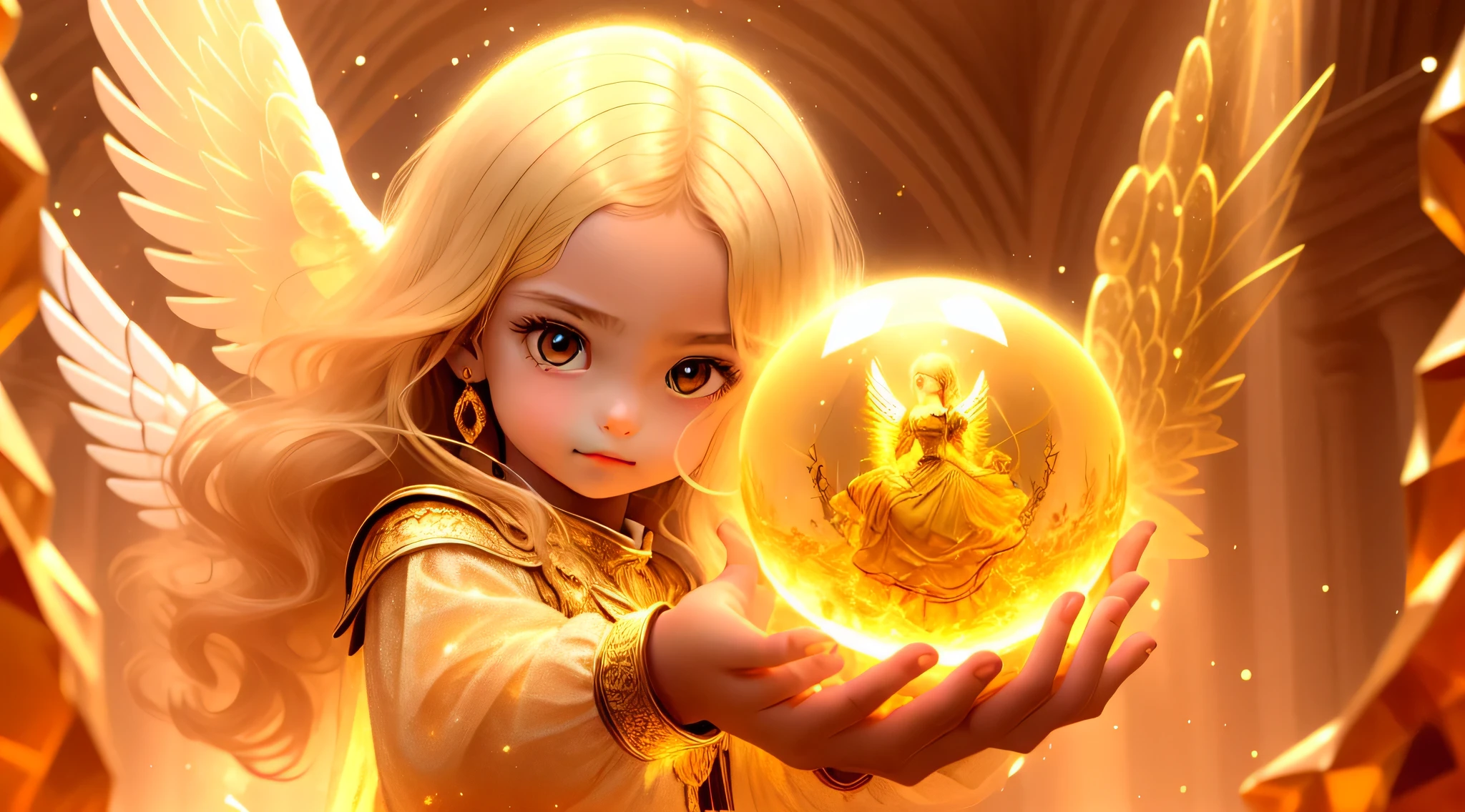 BLONDE CHILDREN GOLDEN ANGEL GIRL with a burning crystal ball in her hand. fundo vermelho