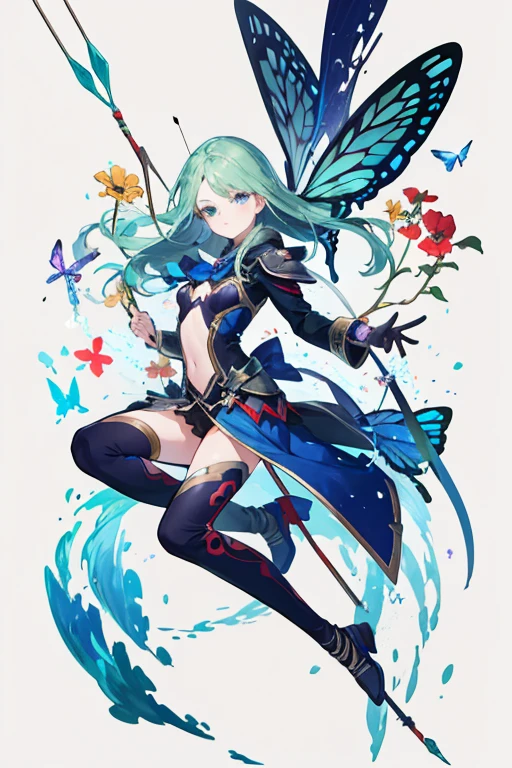 -arcana,arcana,Windranger anime style, solo, bow \(weapon\), weapon, 1girl, simple background, flower, long hair, butterfly, bug, blue eyes, arrow \(projectile\), no humans, full body