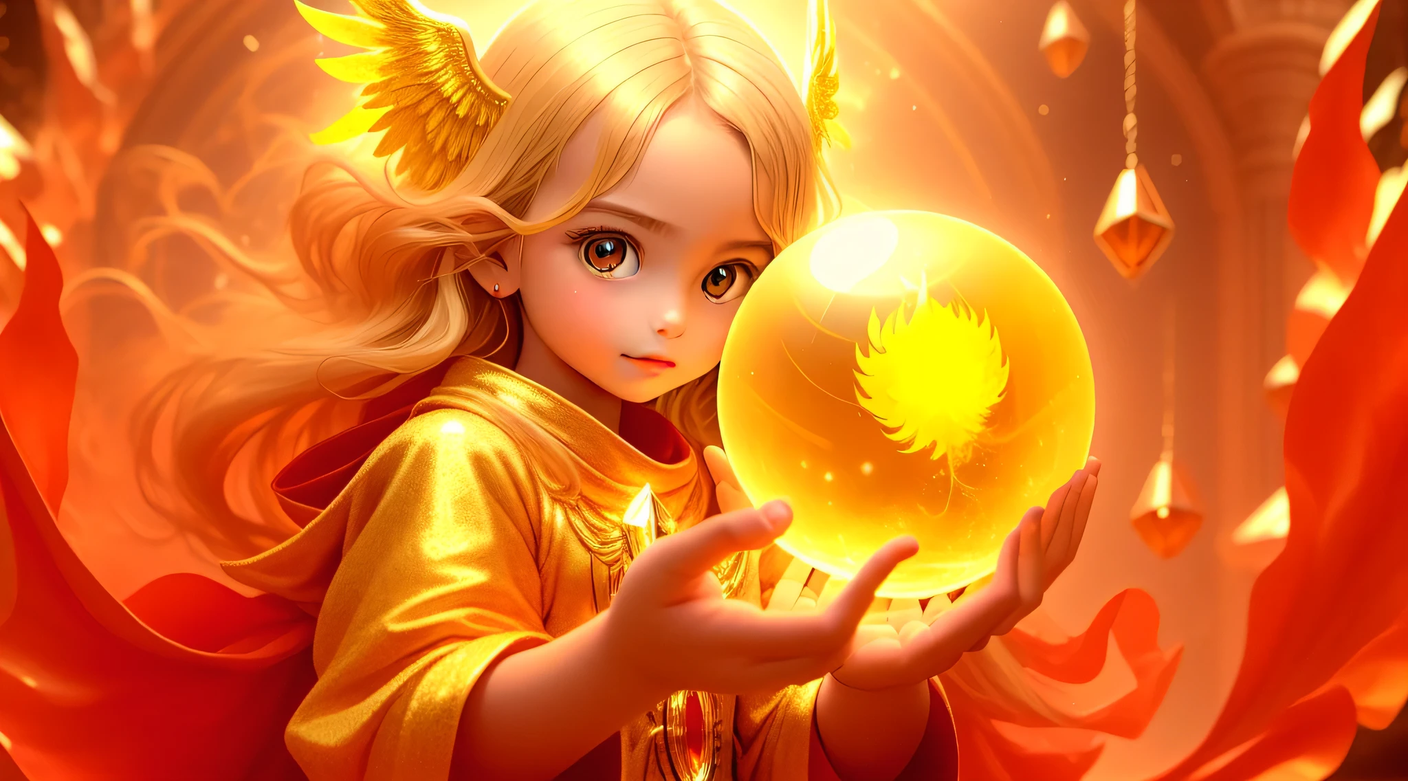 BLONDE CHILDREN GOLDEN ANGEL GIRL with a burning crystal ball in her hand. fundo vermelho