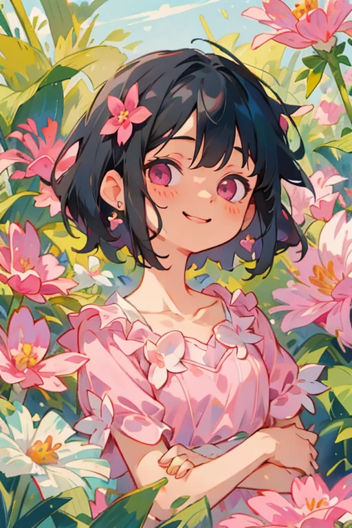 1girl, 独奏, Black hair, dress, pink dress, flower, hair flower, jewelry, hair decoration, earrings, pink eyes, short hair hair, collarbone, smile, looking at the scenes, short sleeves, Prince of the Pink Flower;