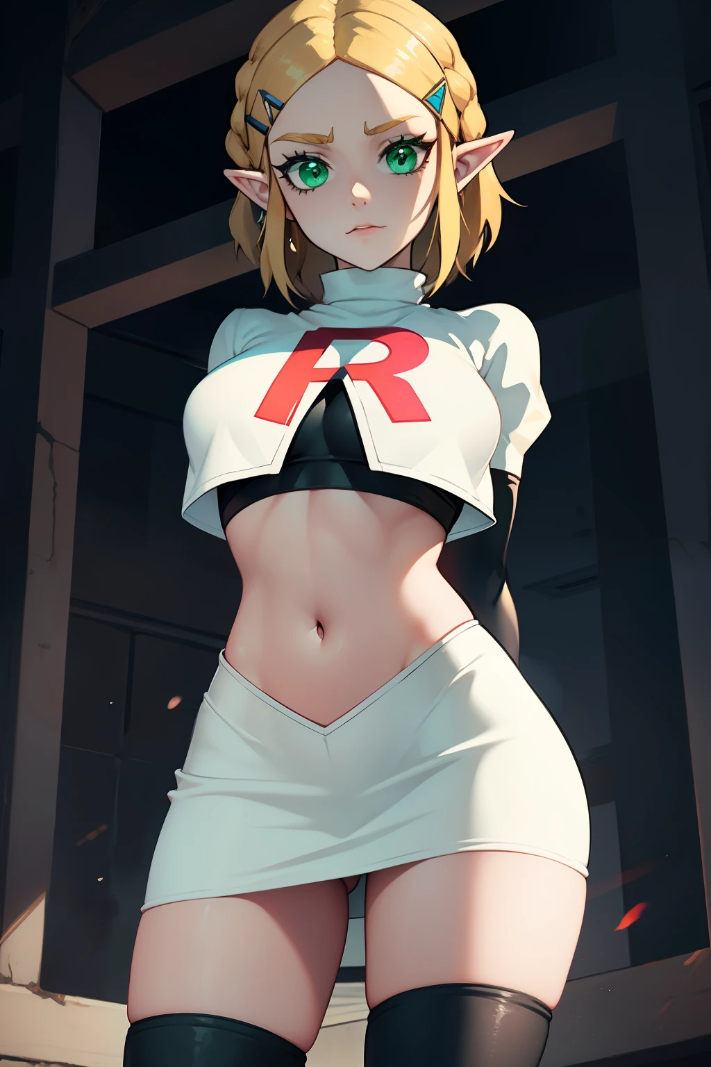 Zelda, green eyes, short hair ,team rocket,team rocket uniform, red letter R, white skirt,white crop top,black thigh-high boots ,black elbow gloves, sinister villianess look, looking down on viewer, arms behind back