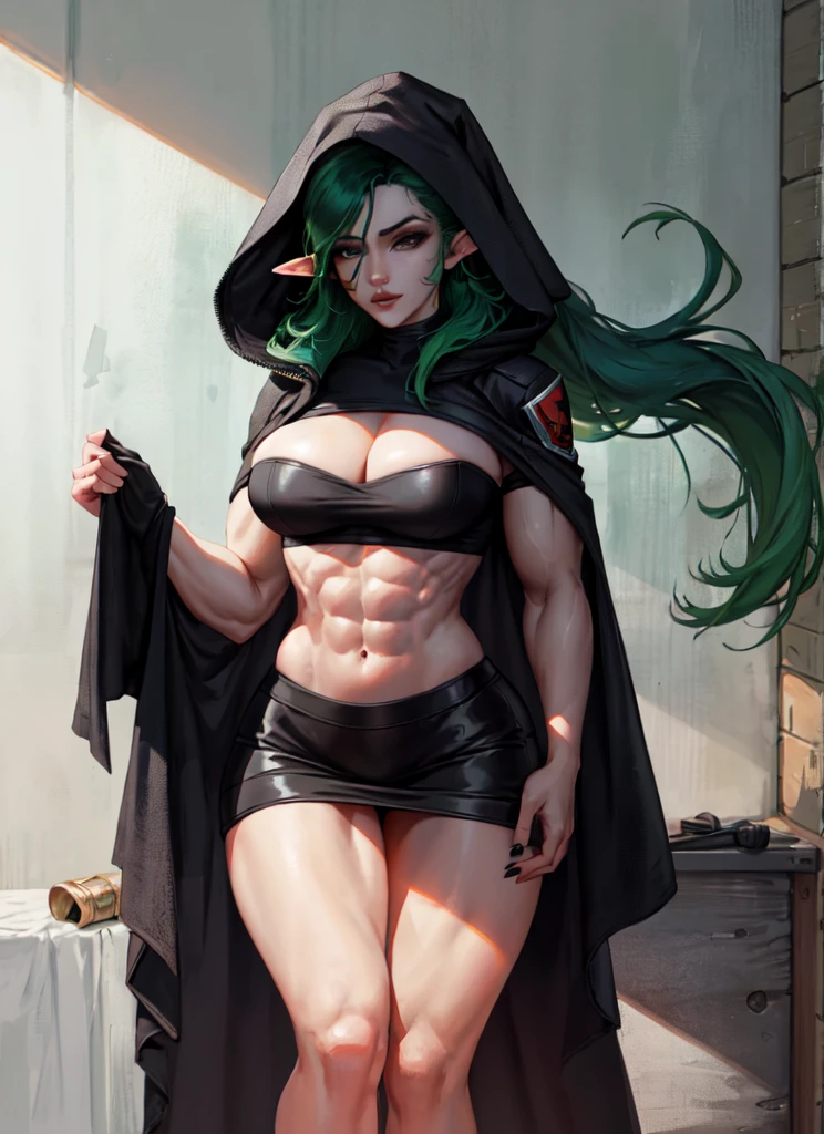 ela_(rainbow_six_siege), masterpiece, best quality,  green hair,1girl, beautiful, perfect lighting, muscular, thighs, mature female, milf, navel, abdominals, looking at the viewer (masterpiece, high quality: 1.1) witch rpg, elf, dark makeup, pale skin, black hood,  leg muscles, long hair, tightlack red landscape)