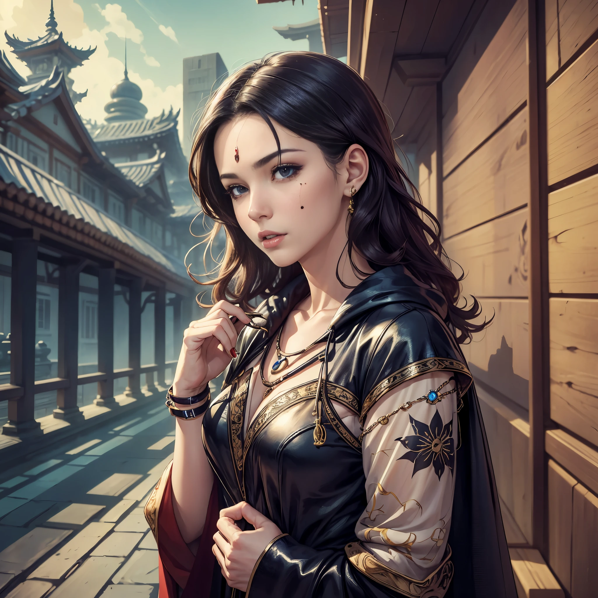 Comely,glomy,There is a mole on the face,cool guy,in a temple,looking at viewe --auto --s2