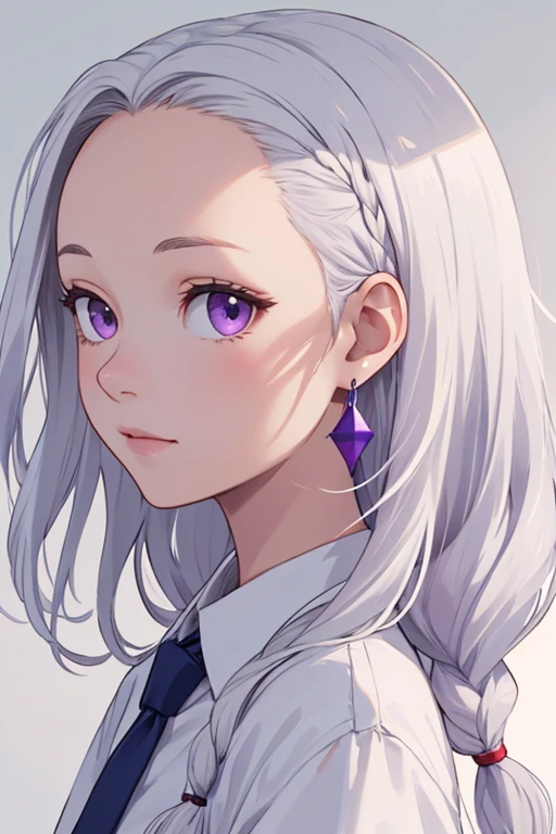 1girl, white hair, side_braid long wavy hair, purple eyes, clean forehead, blue earrings, ((forehead shown)), ((no bang hair)), white shirt and tie, looking at the camera, (looking at front), full protrait, profile picture 1024px