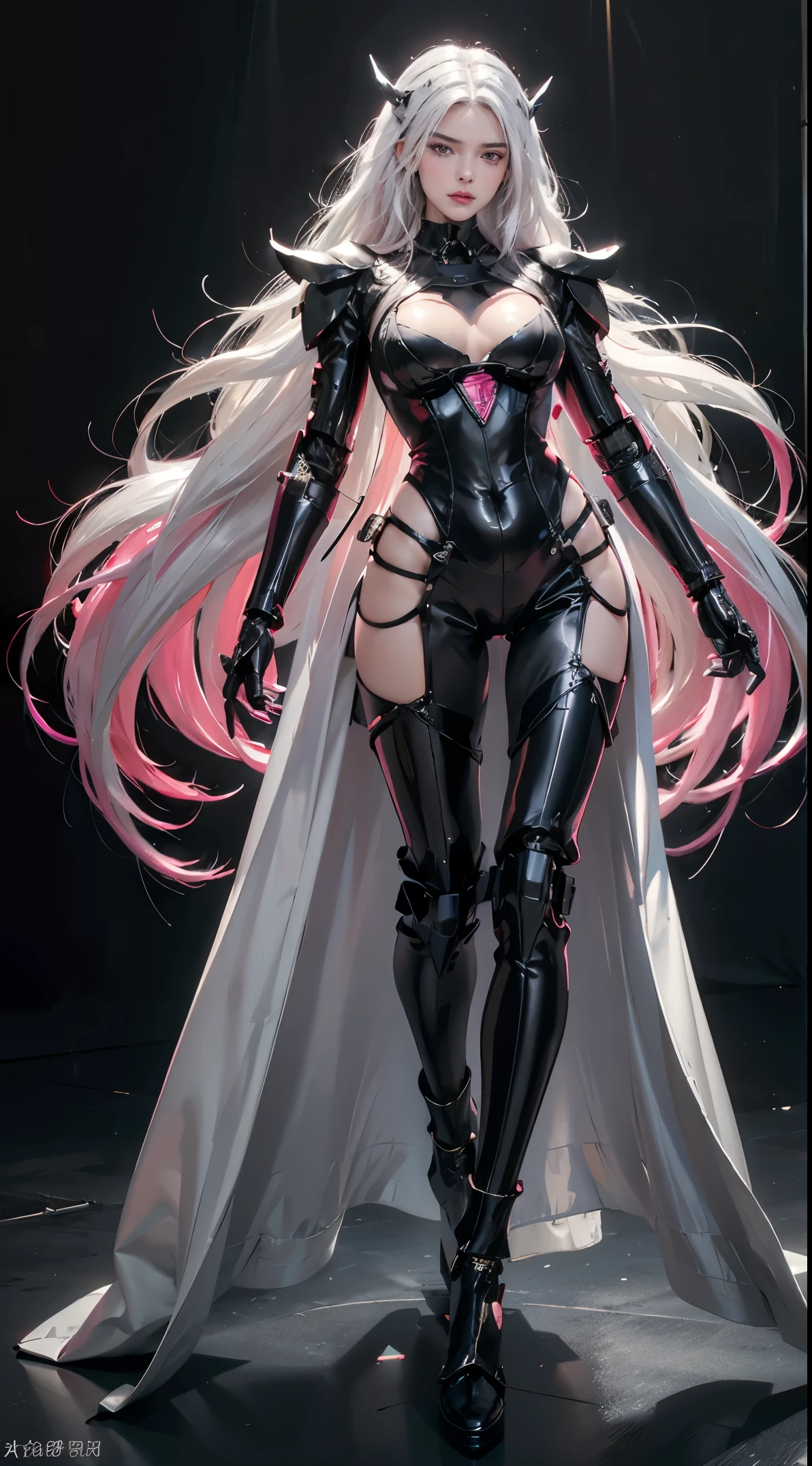 photorealistic, high resolution, 1women, Kendall Jenner, shining skin, solo, jewelry, pink lip, long hair, white hair, closed mouth, big breast, hips up, wearing black full dress, full body black suit, mecha musume, mechanical parts, robot joints, single mechanical arm, headgear