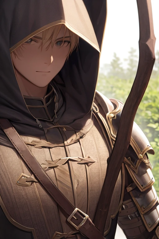 À portrait of a mysterious male archer, European, bow, leather armor, woods
close up, hood
black armor