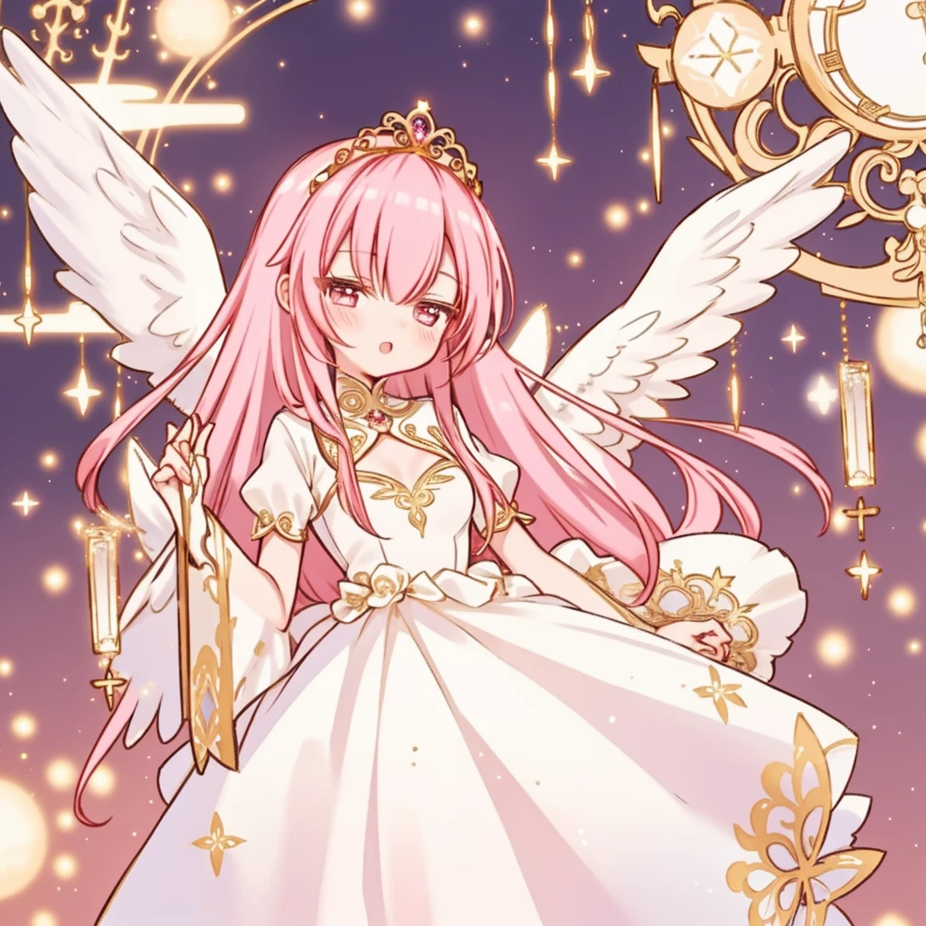 1girl,fantasy angelic pink tiara white and gold newyears dress,kawaii, heaven like background,