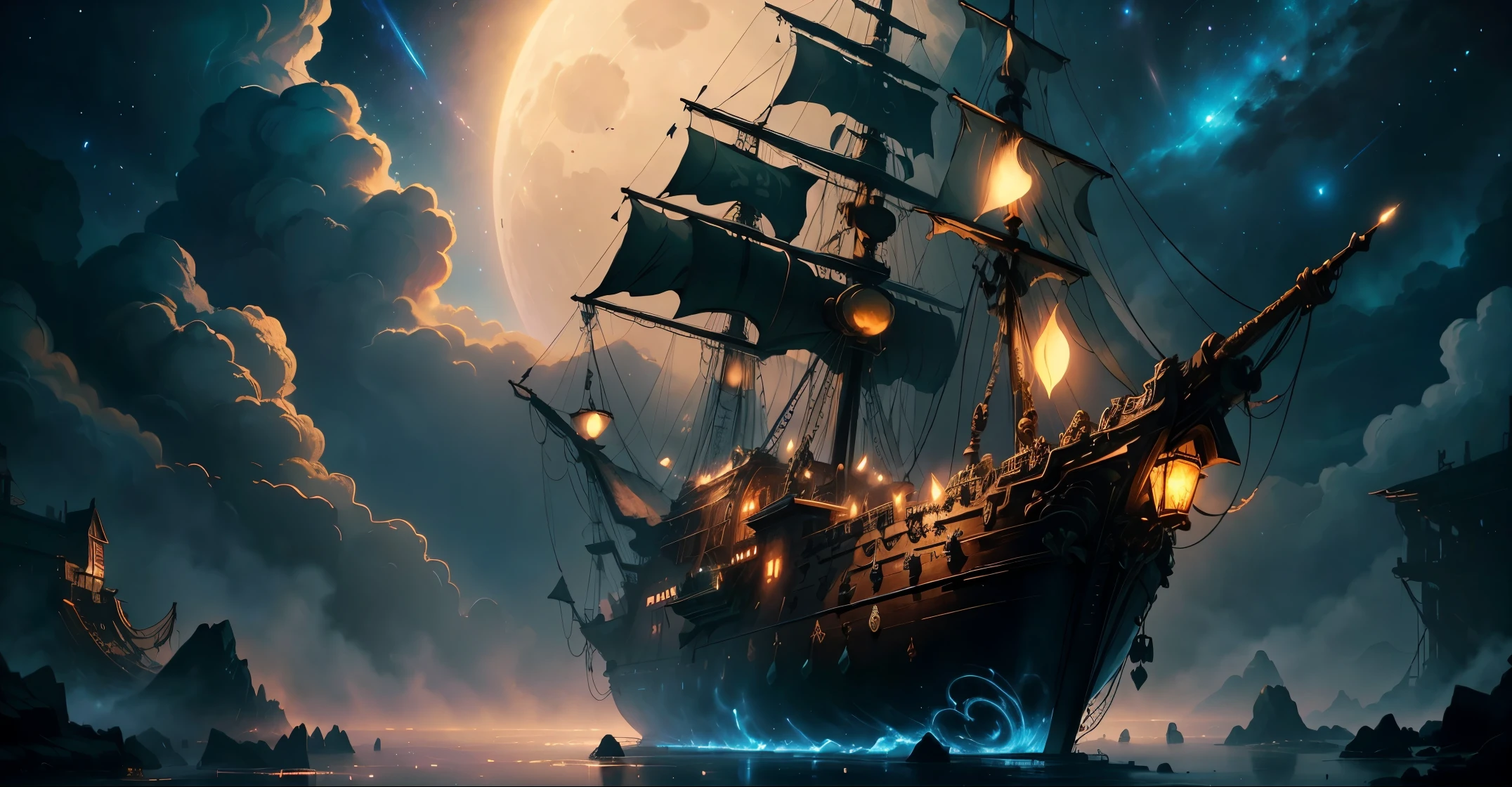 Painting of a flying pirate ship surrounded by little fairies, meteor shower, clouds, full moon, Stars in the background, fantasy, Highly detailed digital art in 4K, High-quality detailed art in 8K, In the style of Cyril Roland, detailed fantasy digital art, Epic Fantasy Science Fiction Illustration, Amazing wallpapers, Inspired by Gaston Bussiere, masterpiece, A beautiful, psychedelic masterpiece., Black Light Painting