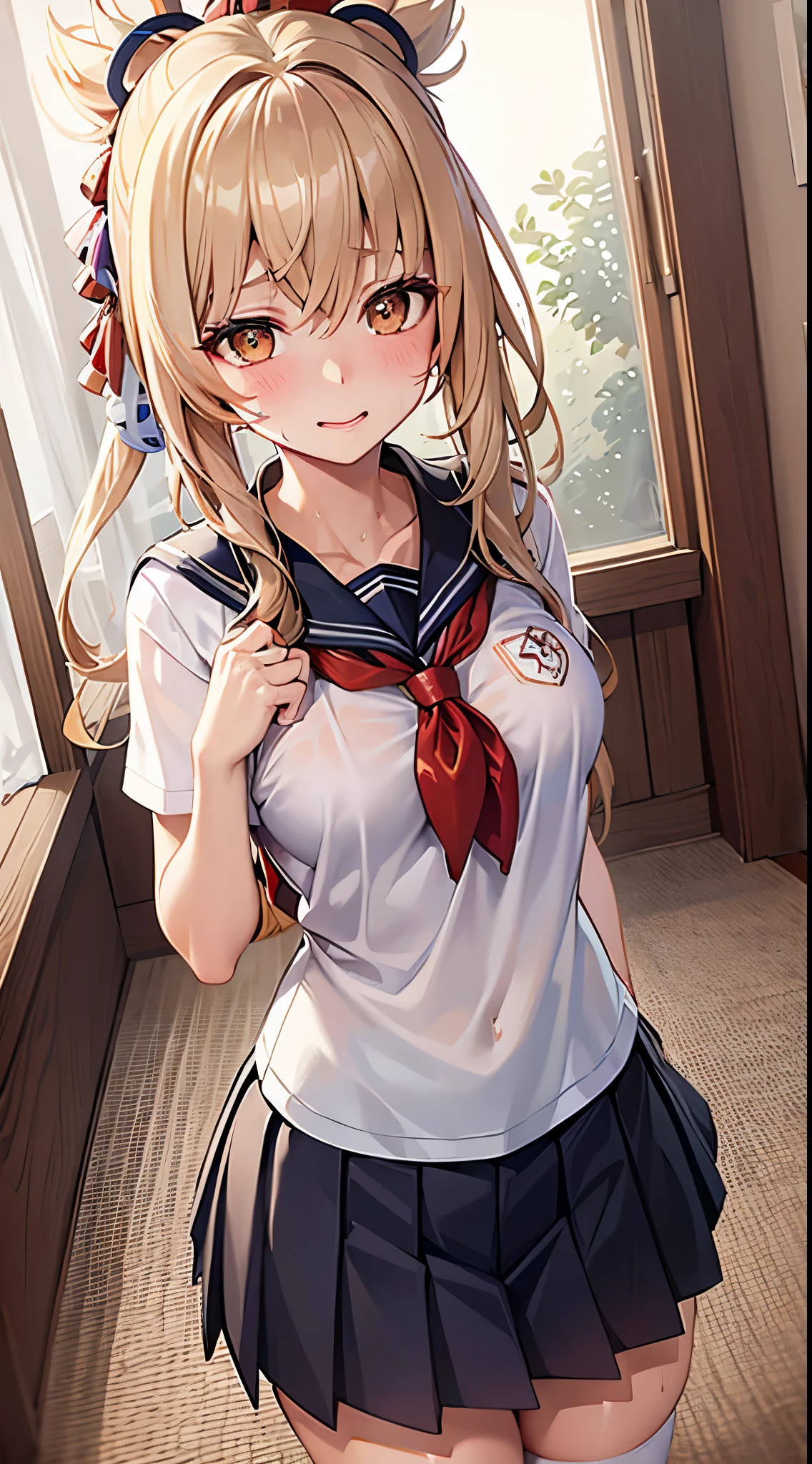 solo, 1girl, medium breasts, sailor suite, serafuku, school uniform, pleated skirt, (white kneehighs), shy, blush, full of sweat, wearing sweat, endured face, wet, sweat, classroom, hight resolution, top-quality, ultra-quality, The ultra-detailliert, extremely details CG, detailed portrait, beautiful detailed eyes, delicate skin texture, slight makeup, teary eyes, subtle blush on cheeks, overwhelmed emotions, gentle sweat droplets on forehead, lighting like a movie, vibrant colors, high contrast, intimate lighting, soft lighting